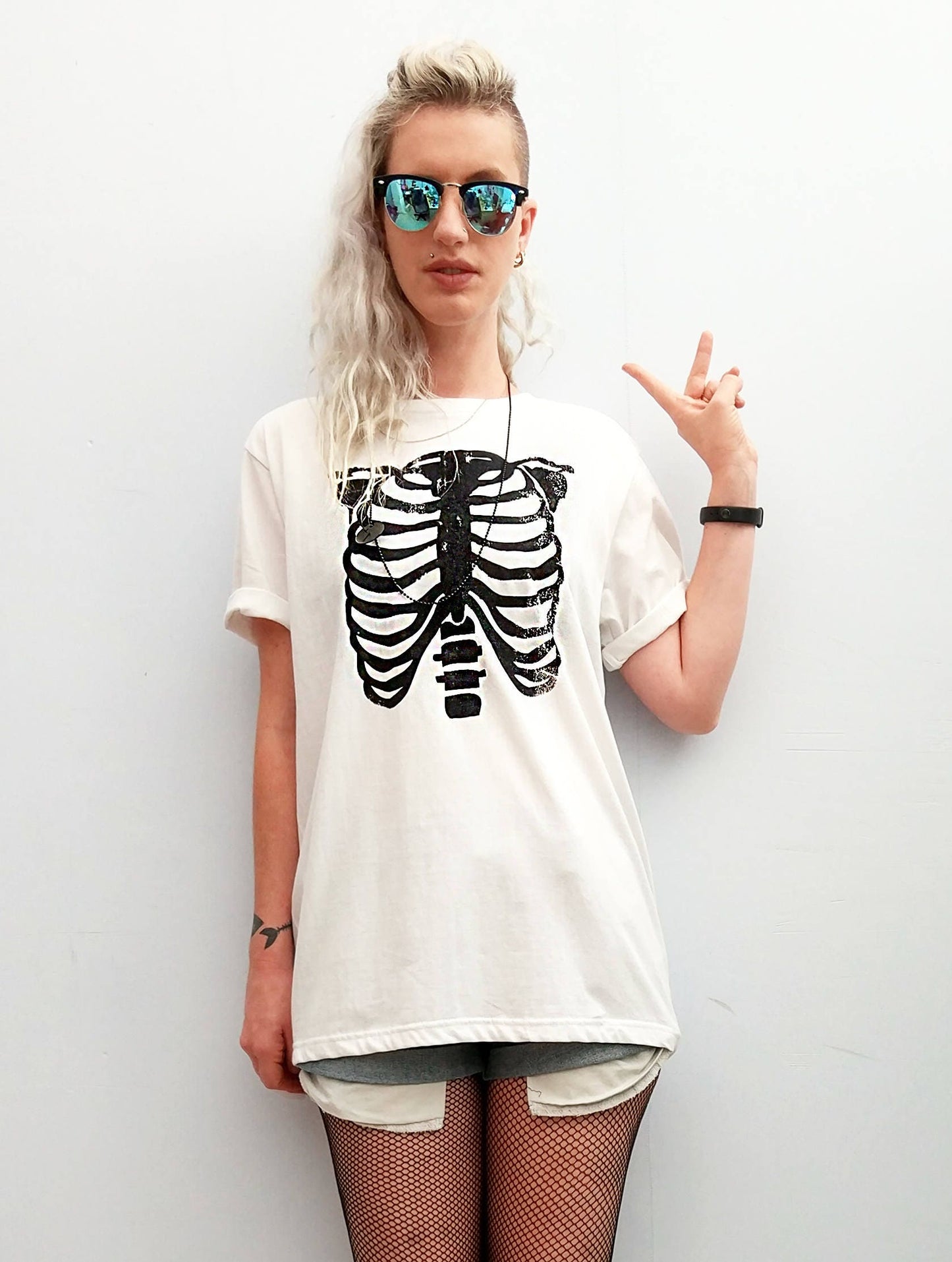 Handmade ribcage shirt Glitter skeleton shirt skeleton tshirt goth shirt | rib cage print skeleton t shirt | Unisex cyberpunk clothing