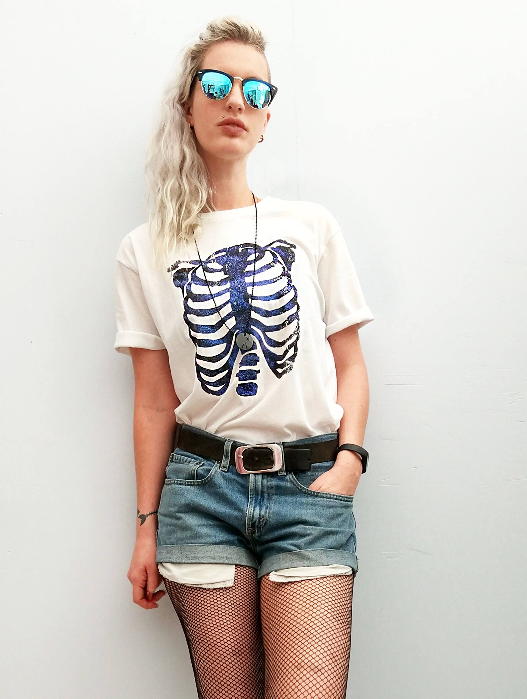 Handmade Glitter anatomy skeleton ribcage print T shirt | Unisex Halloween cyberpunk clothing aesthetic clothing