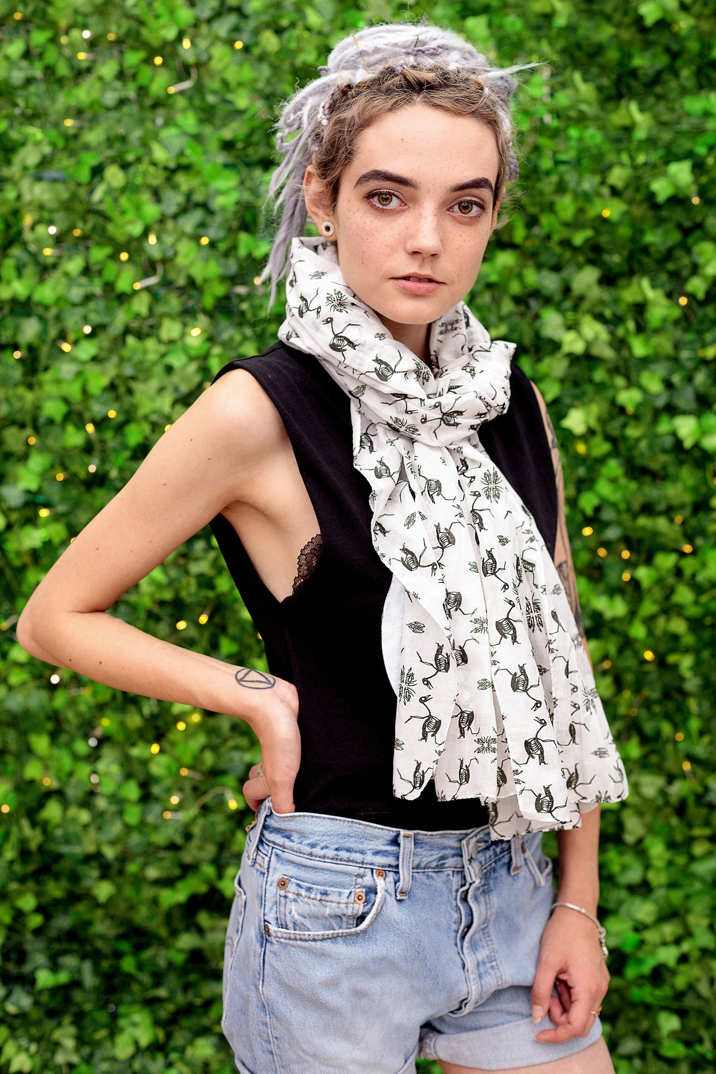 Anatomical Bird Skeleton tribal fusion bird skull print designer large cotton silk scarf | goth gift for her goth