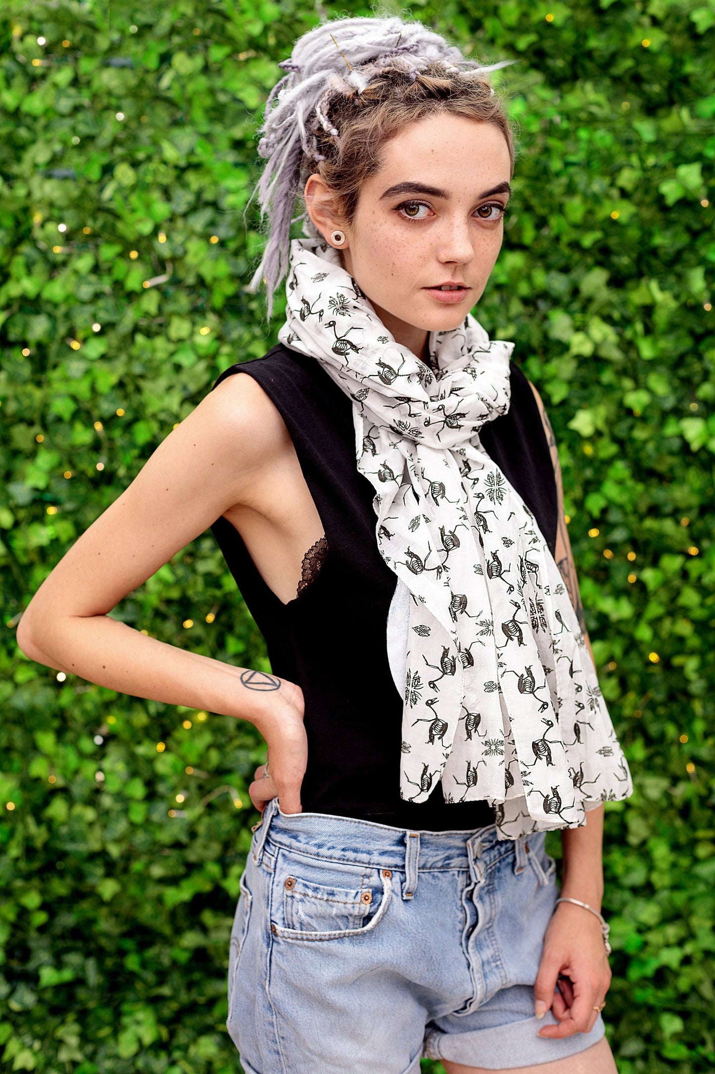 Anatomical Bird Skeleton tribal fusion bird skull print designer large cotton silk scarf | goth gift for her goth