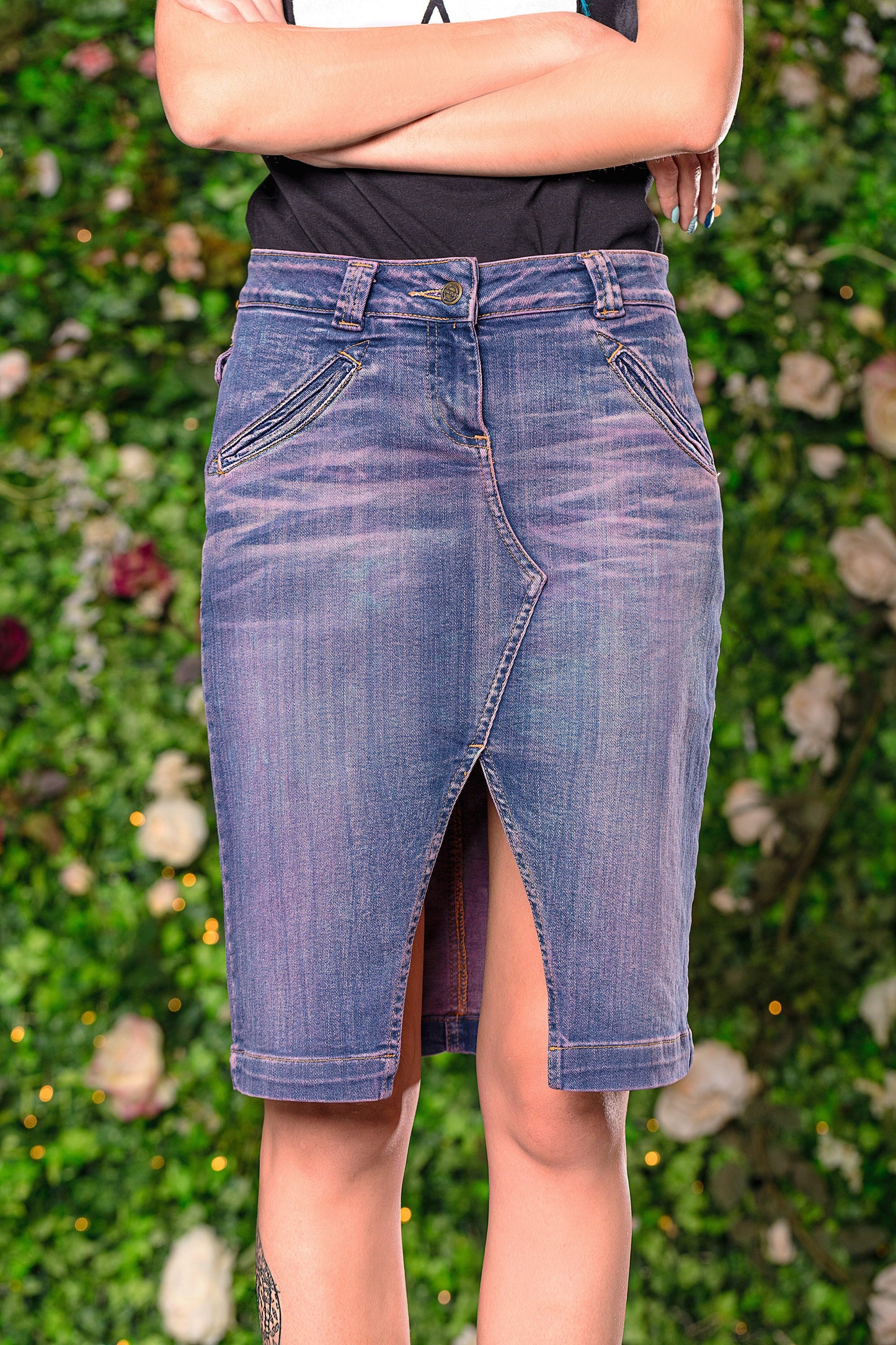 upcycled denim purple acid wash denim skirt pencil skirt with pockets | high waisted jeans skirt | sustainable clothing Size S sample sale