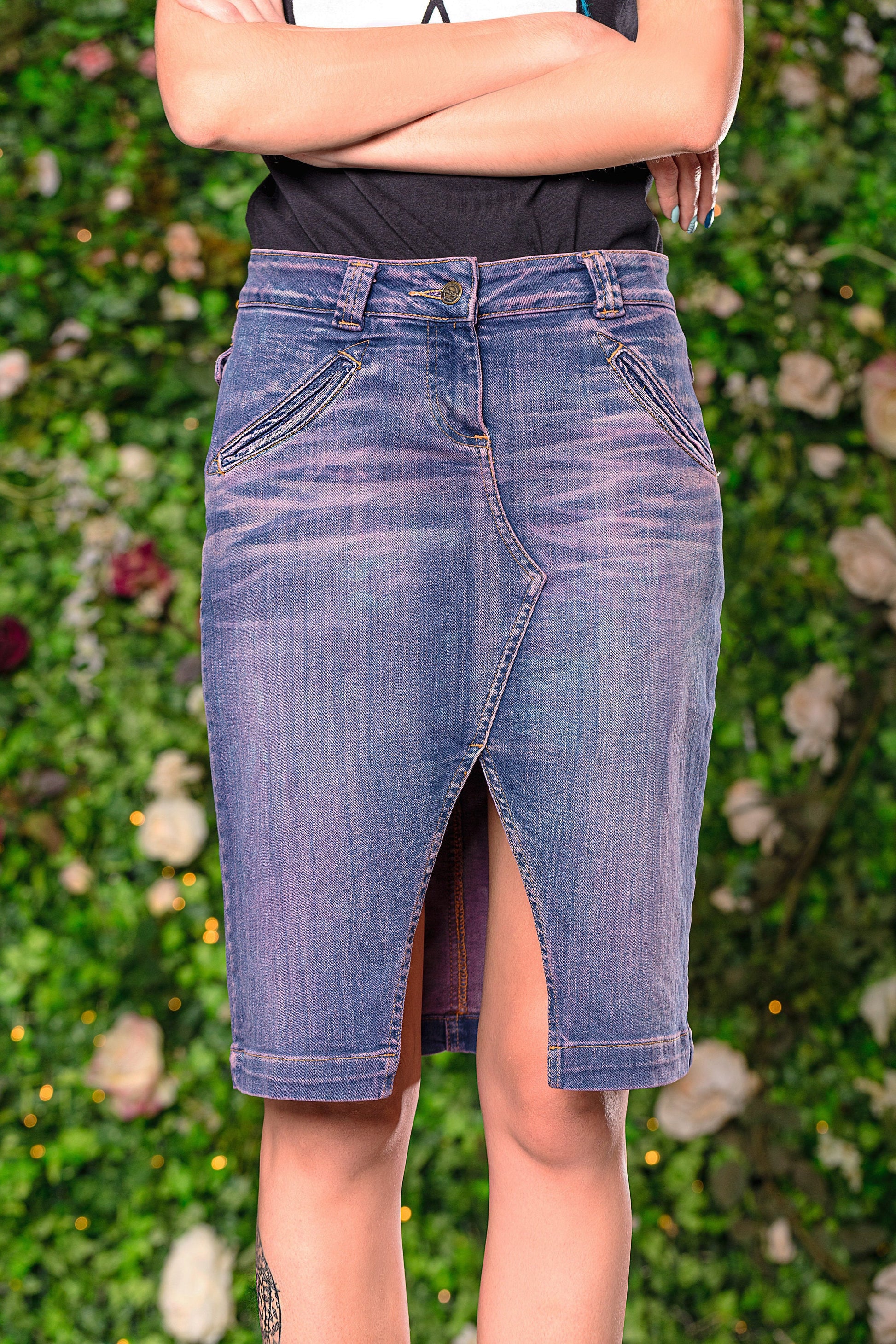 upcycled denim purple acid wash denim skirt pencil skirt with pockets | high waisted jeans skirt | sustainable clothing Size S sample sale