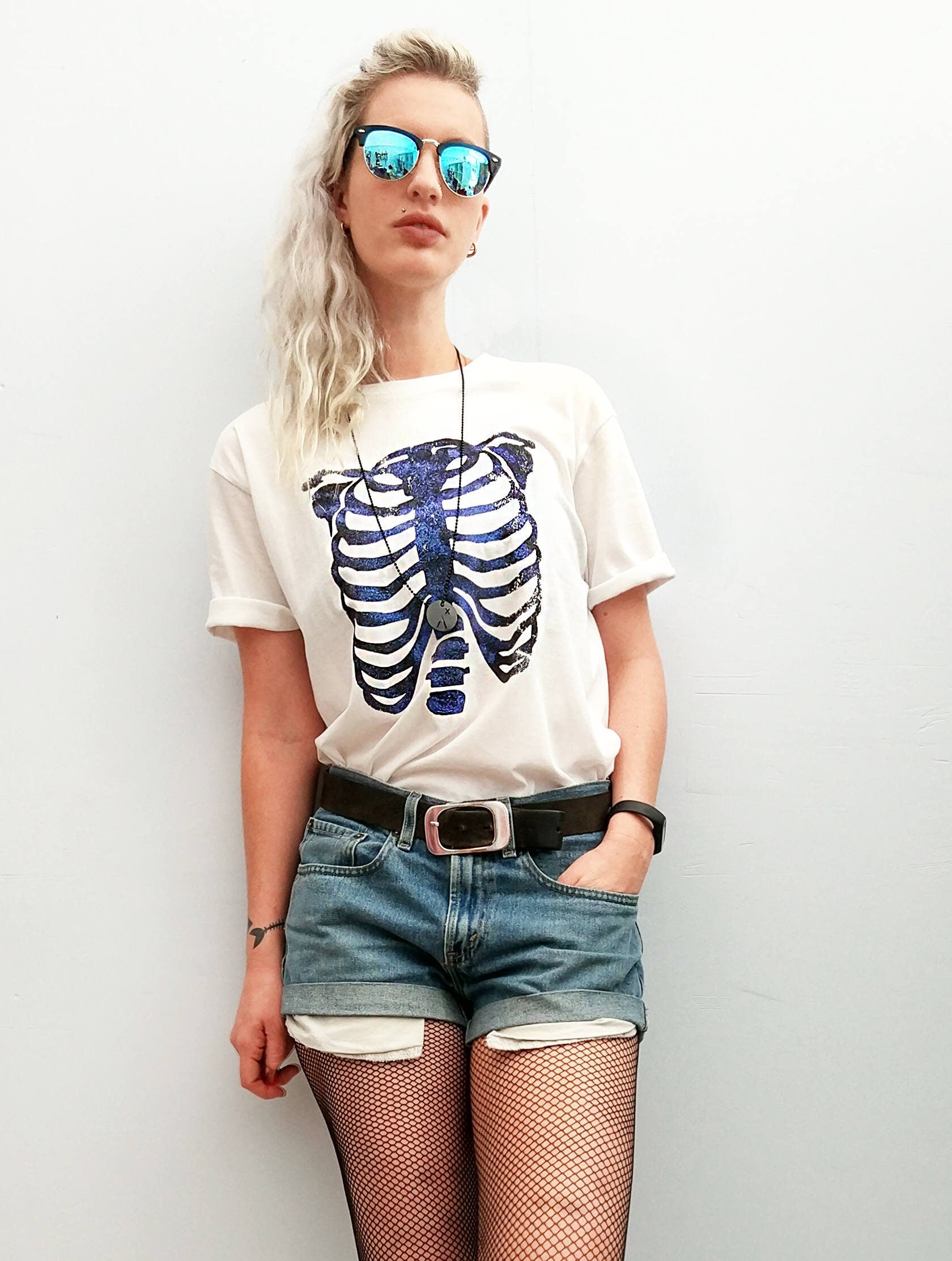 Handmade ribcage shirt Glitter skeleton shirt skeleton tshirt goth shirt | rib cage print skeleton t shirt | Unisex cyberpunk clothing