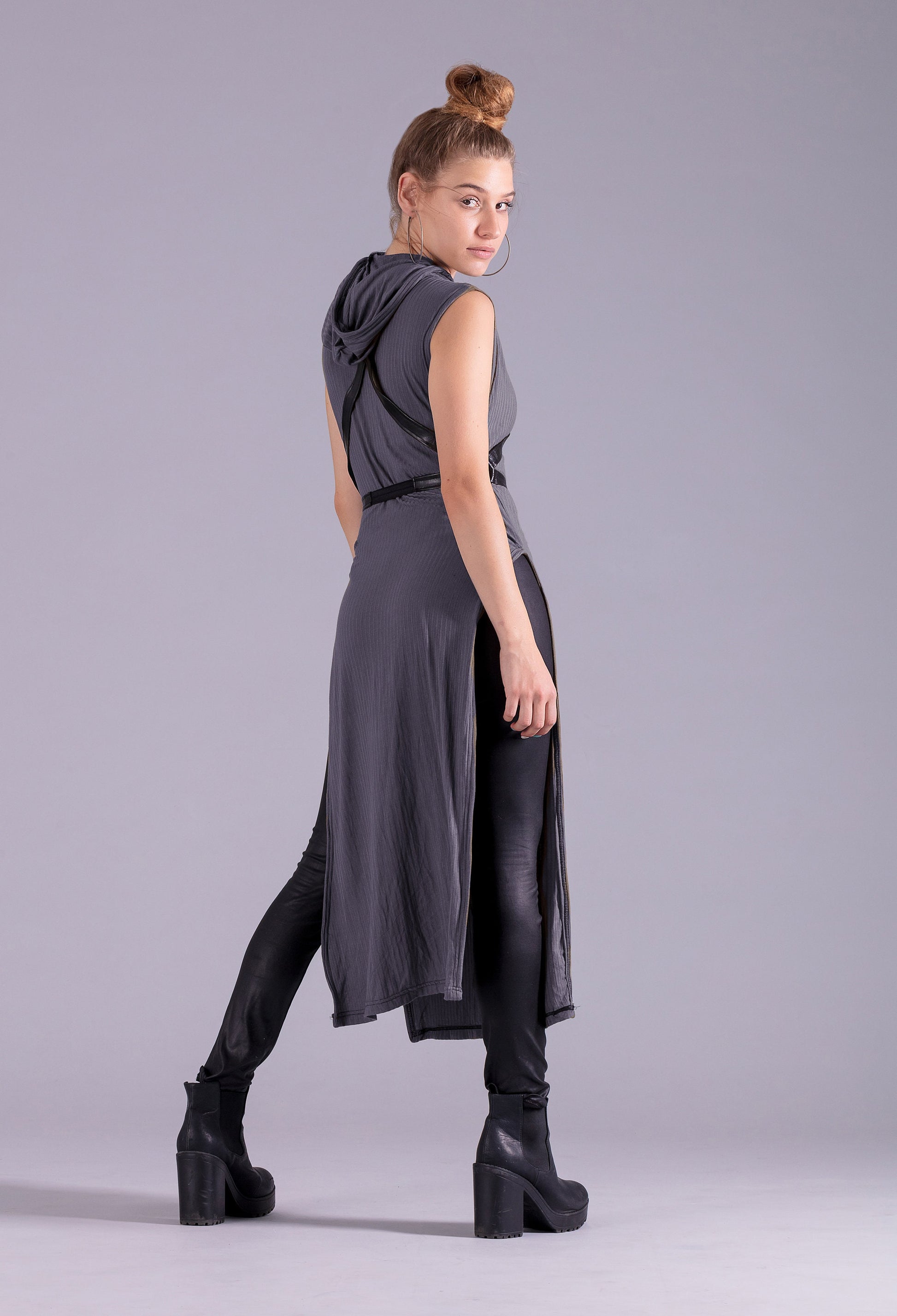 Charcoal Gray hooded tunic post apocalyptic clothing | cosplay hoodie steampunk dress | alternative clothing festival clothing |