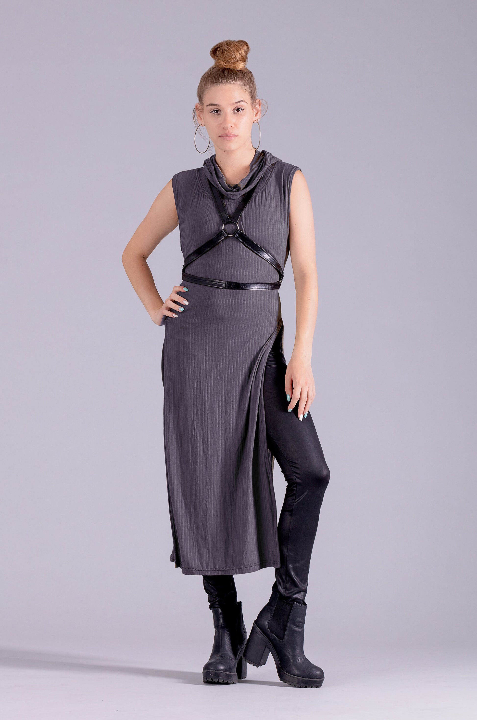 Charcoal Gray hooded tunic post apocalyptic clothing | cosplay hoodie steampunk dress | alternative clothing festival clothing |