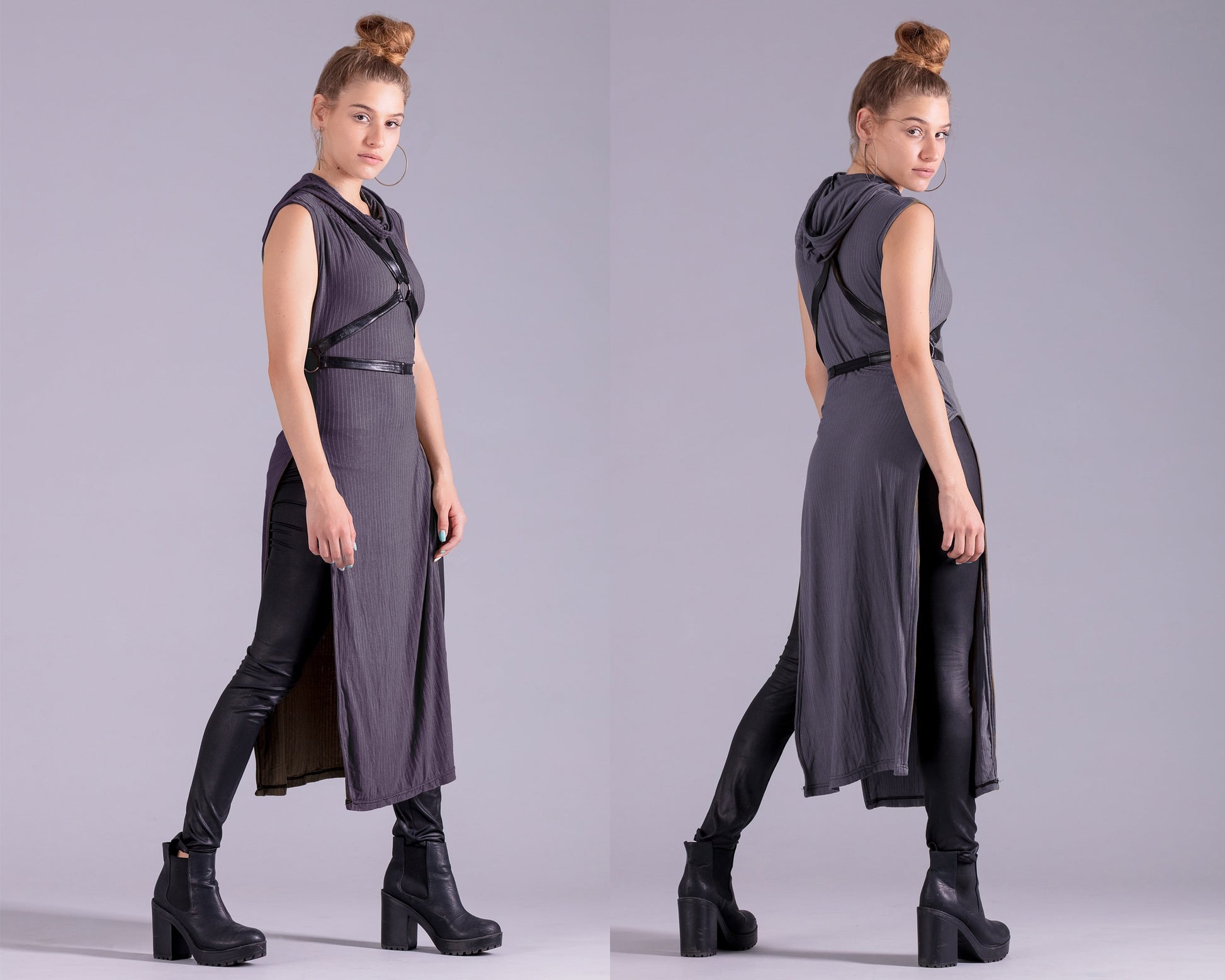 Charcoal Gray hooded tunic post apocalyptic clothing | cosplay hoodie steampunk dress | alternative clothing festival clothing |