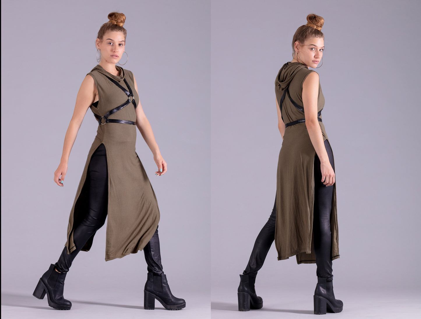 Olive green hooded tunic goth hoodie dress | post apocalyptic clothing steampunk dress | alternative clothing festival clothing