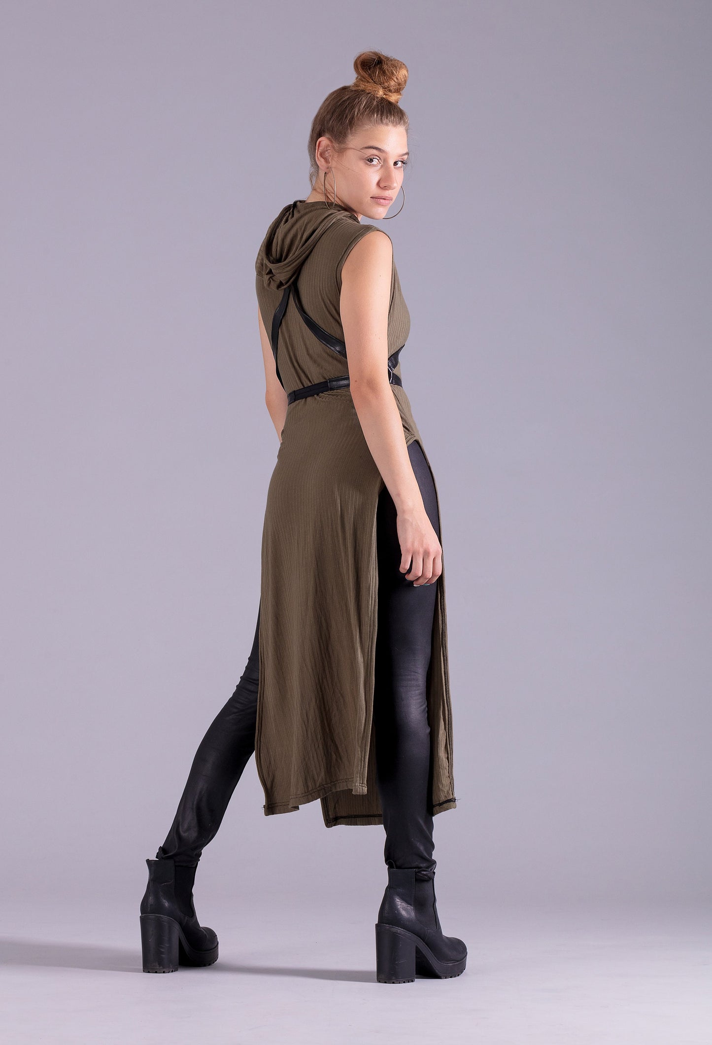 Olive green hooded tunic goth hoodie dress | post apocalyptic clothing steampunk dress | alternative clothing festival clothing