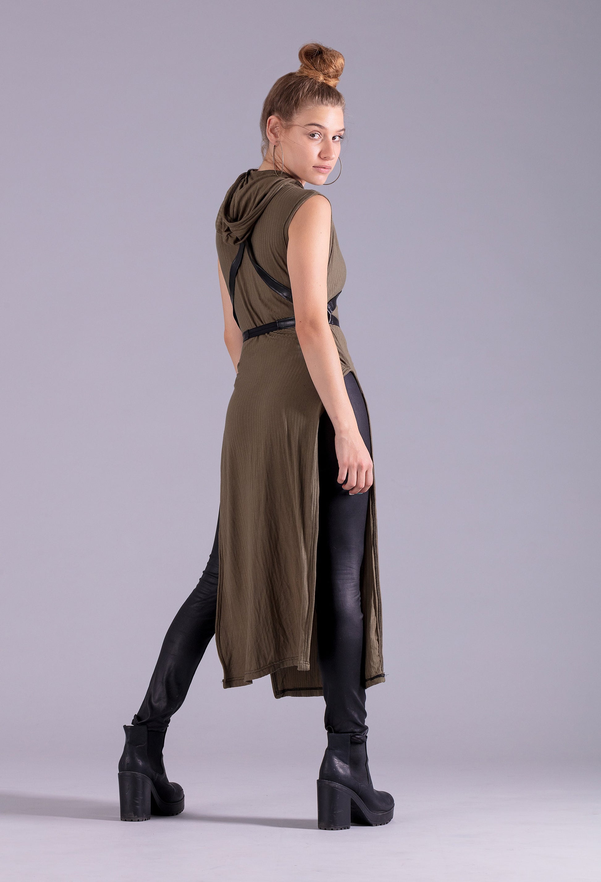 Olive green hooded tunic goth hoodie dress | post apocalyptic clothing steampunk dress | alternative clothing festival clothing