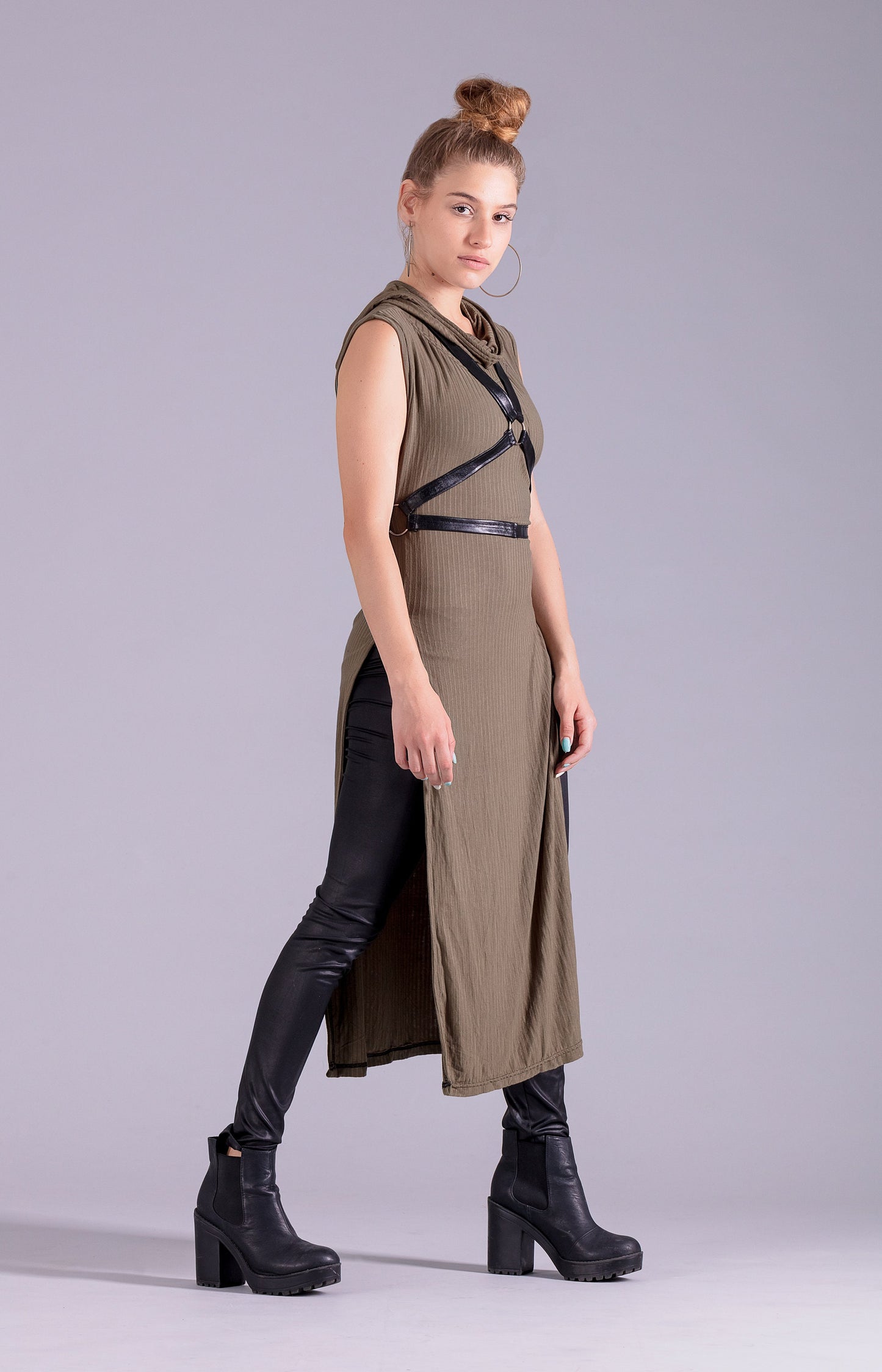 Olive green hooded tunic goth hoodie dress | post apocalyptic clothing steampunk dress | alternative clothing festival clothing