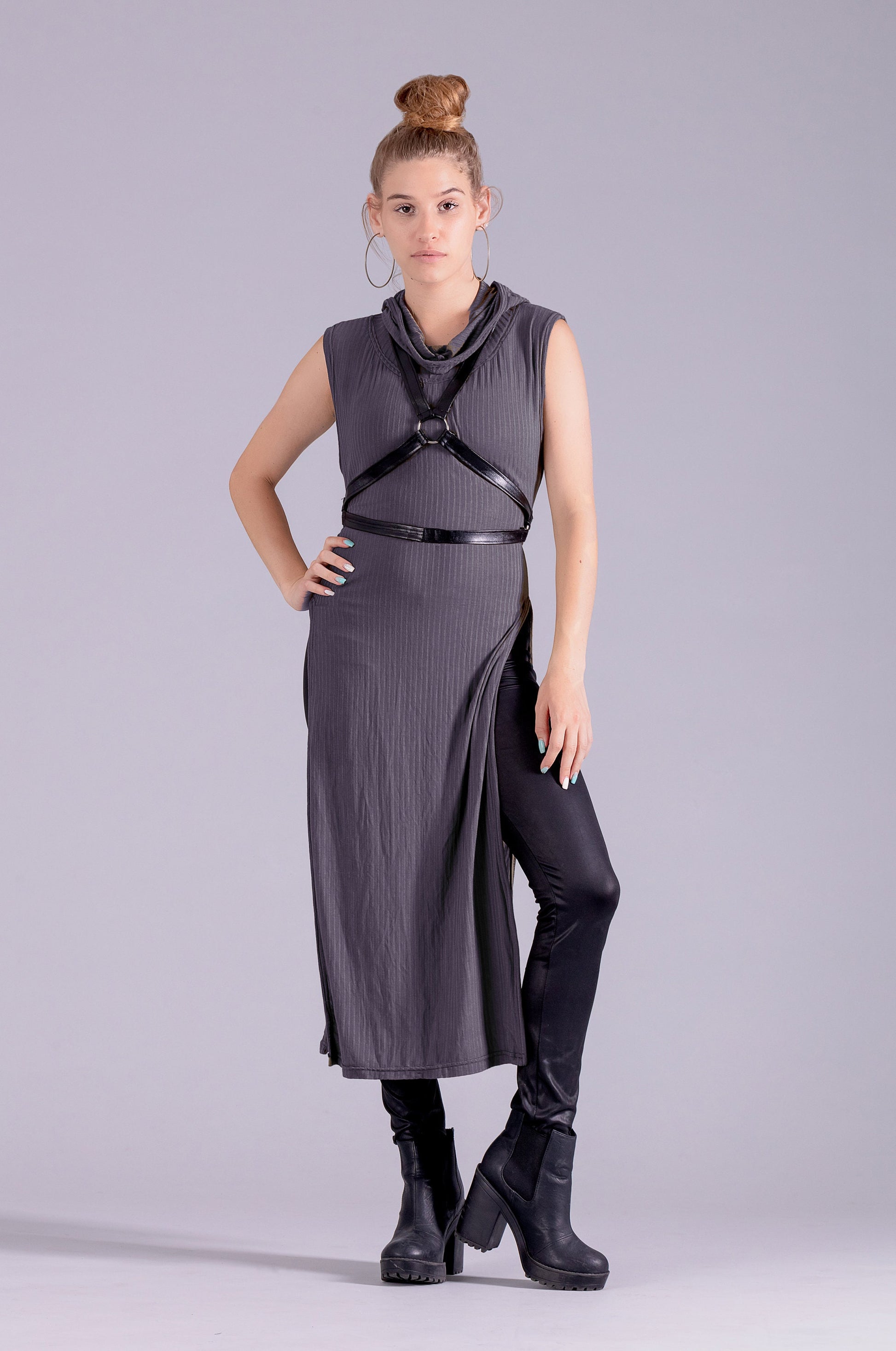 Black hooded tunic warrior dress cosplay hoodie | post apocalyptic clothing goth hoodie dress | steampunk dress alternative clothing |
