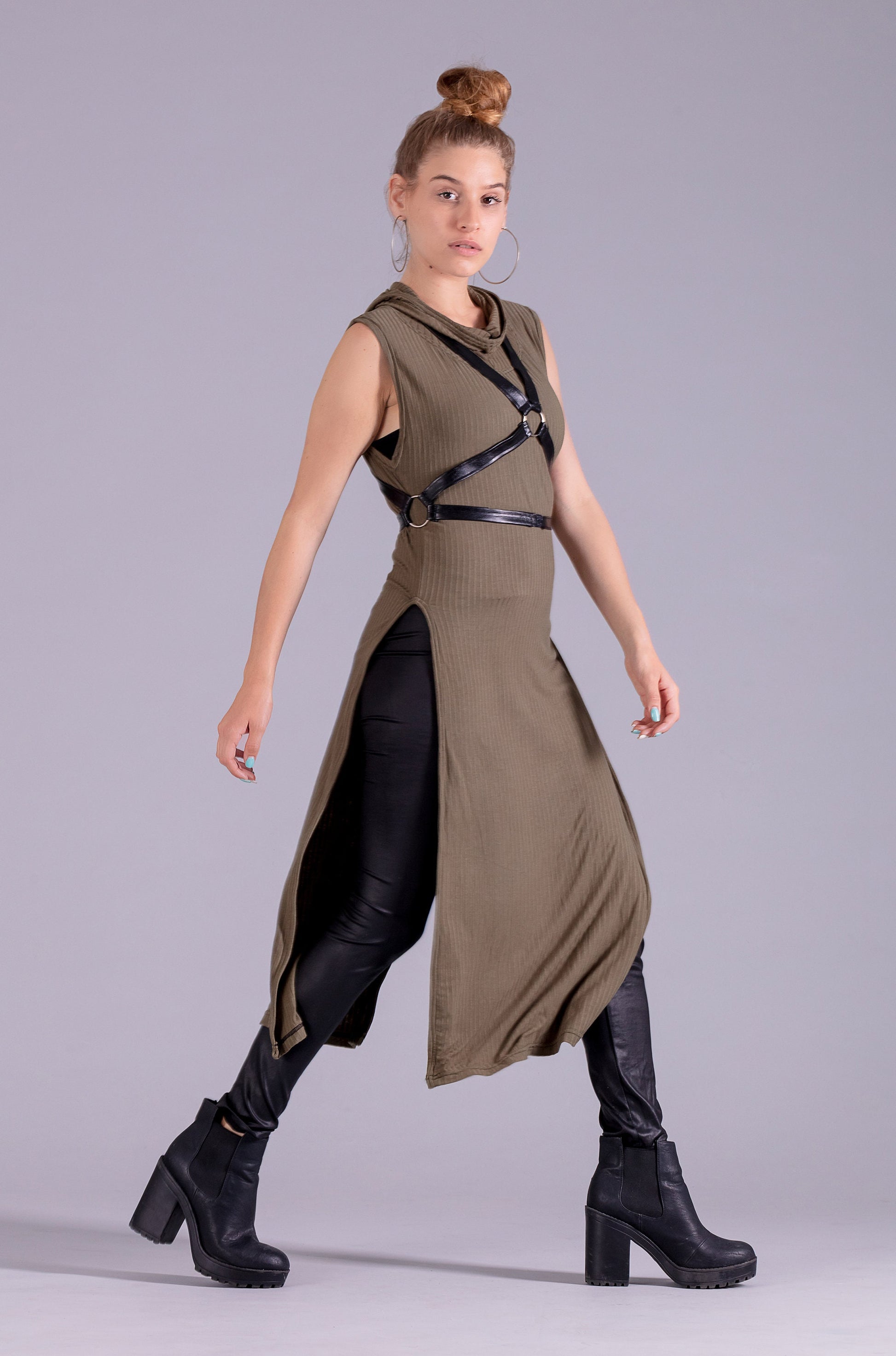 Olive green hooded tunic goth hoodie dress | post apocalyptic clothing steampunk dress | alternative clothing festival clothing