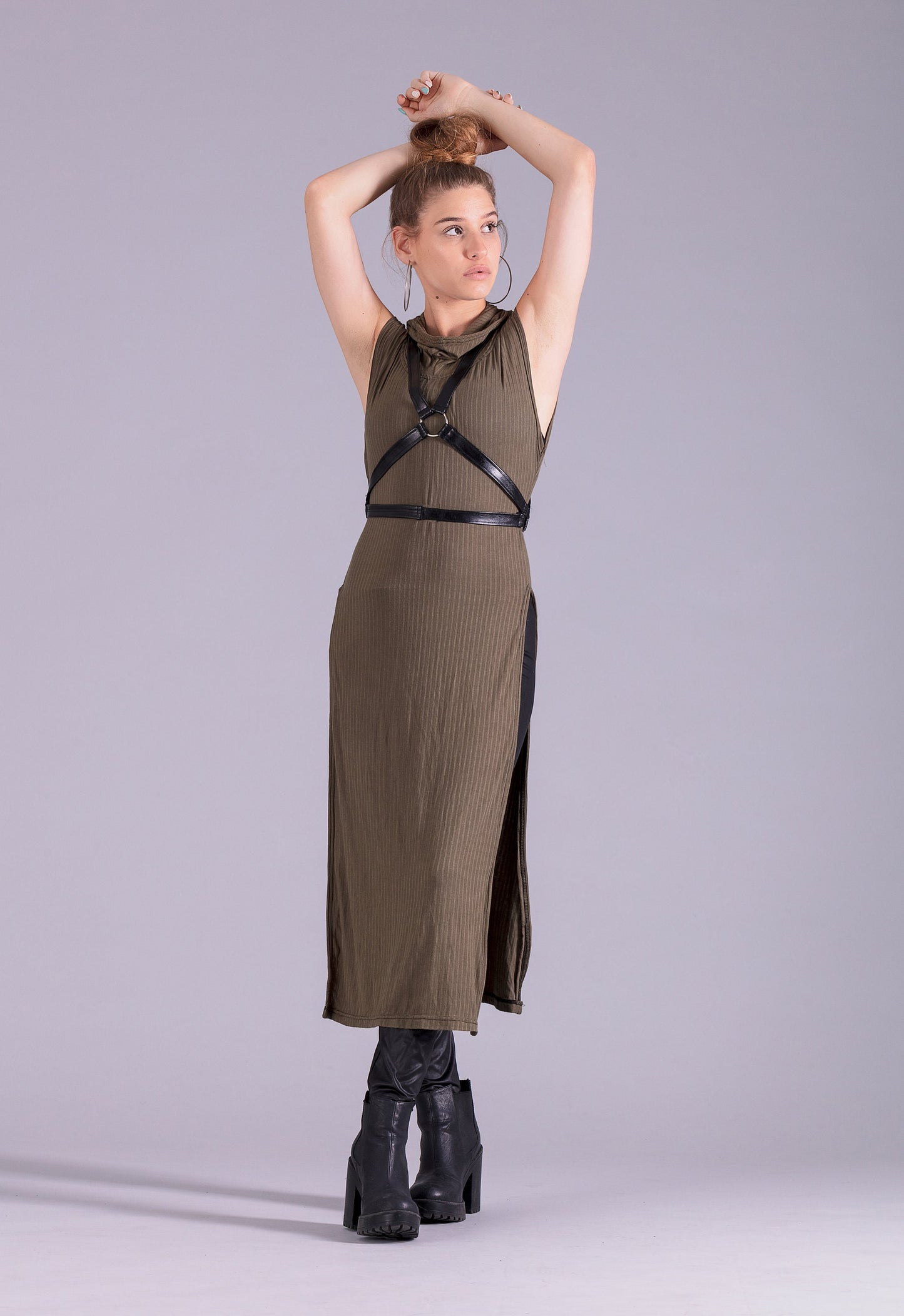 Olive green hooded tunic goth hoodie dress | post apocalyptic clothing steampunk dress | alternative clothing festival clothing