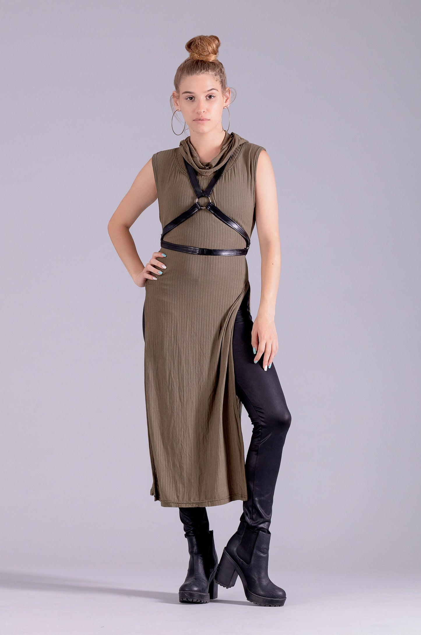 Olive green hooded tunic goth hoodie dress | post apocalyptic clothing steampunk dress | alternative clothing festival clothing
