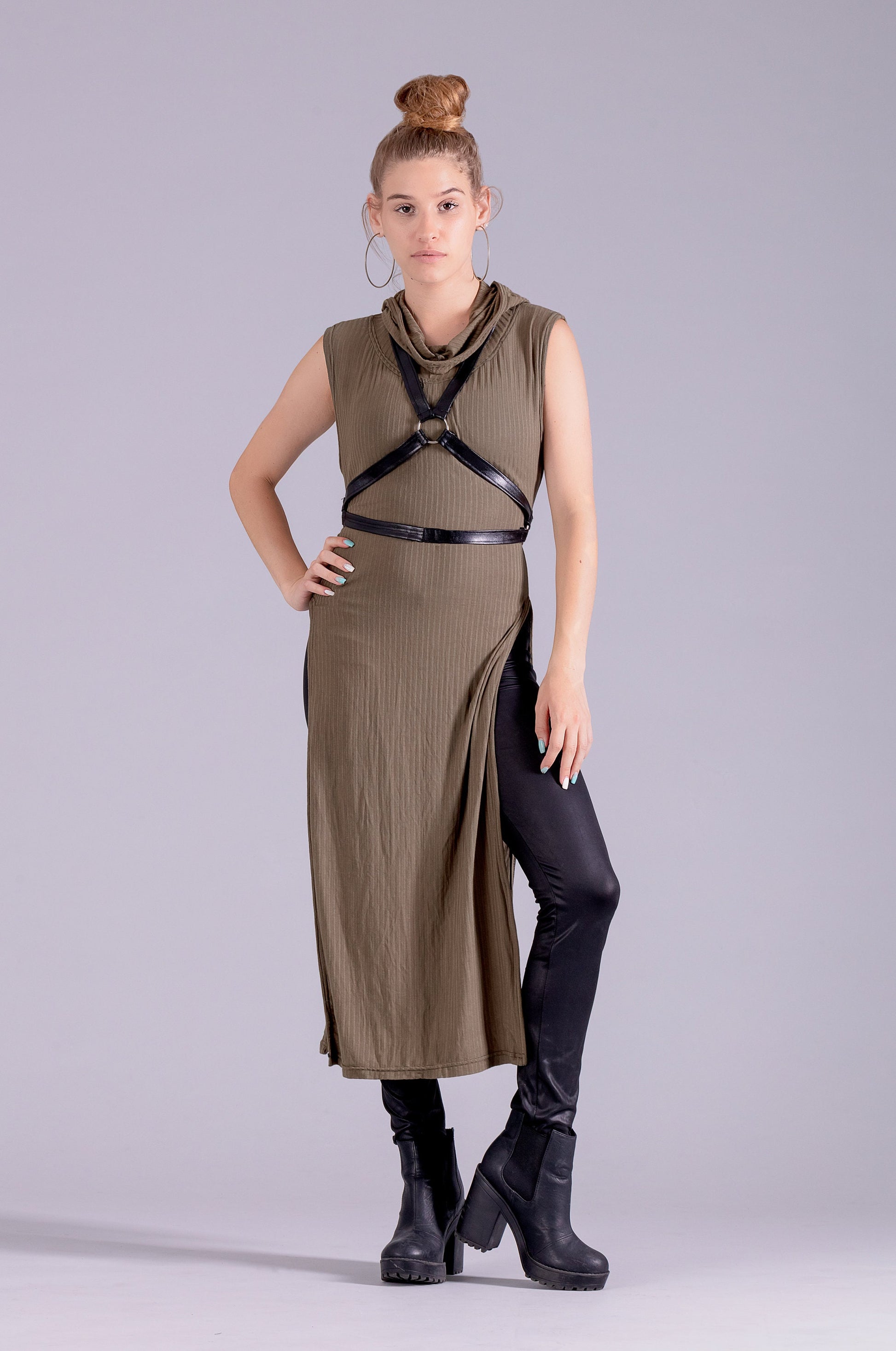Olive green hooded tunic goth hoodie dress | post apocalyptic clothing steampunk dress | alternative clothing festival clothing