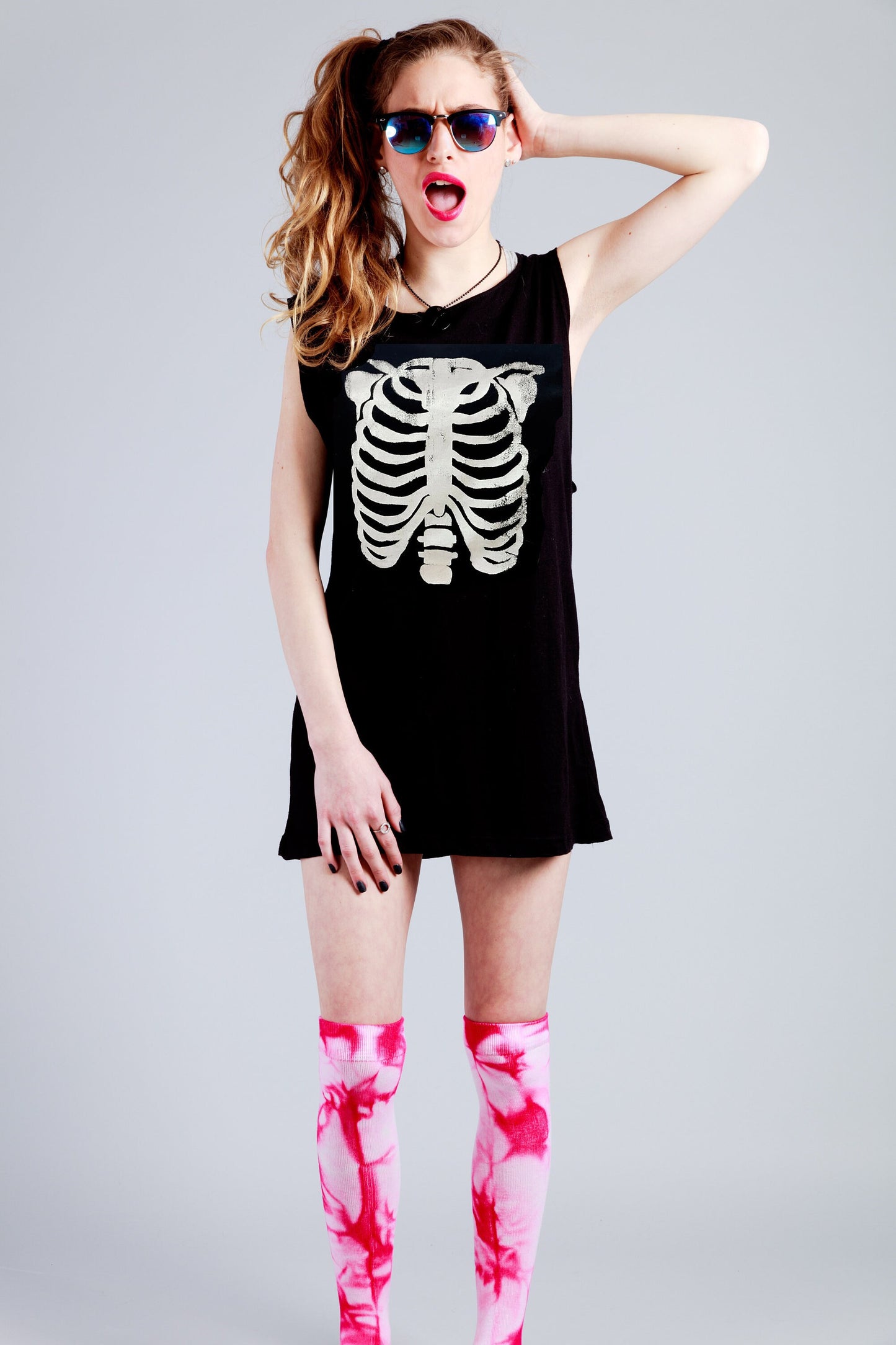 Skeleton rib cage print shirt oversize long tank top