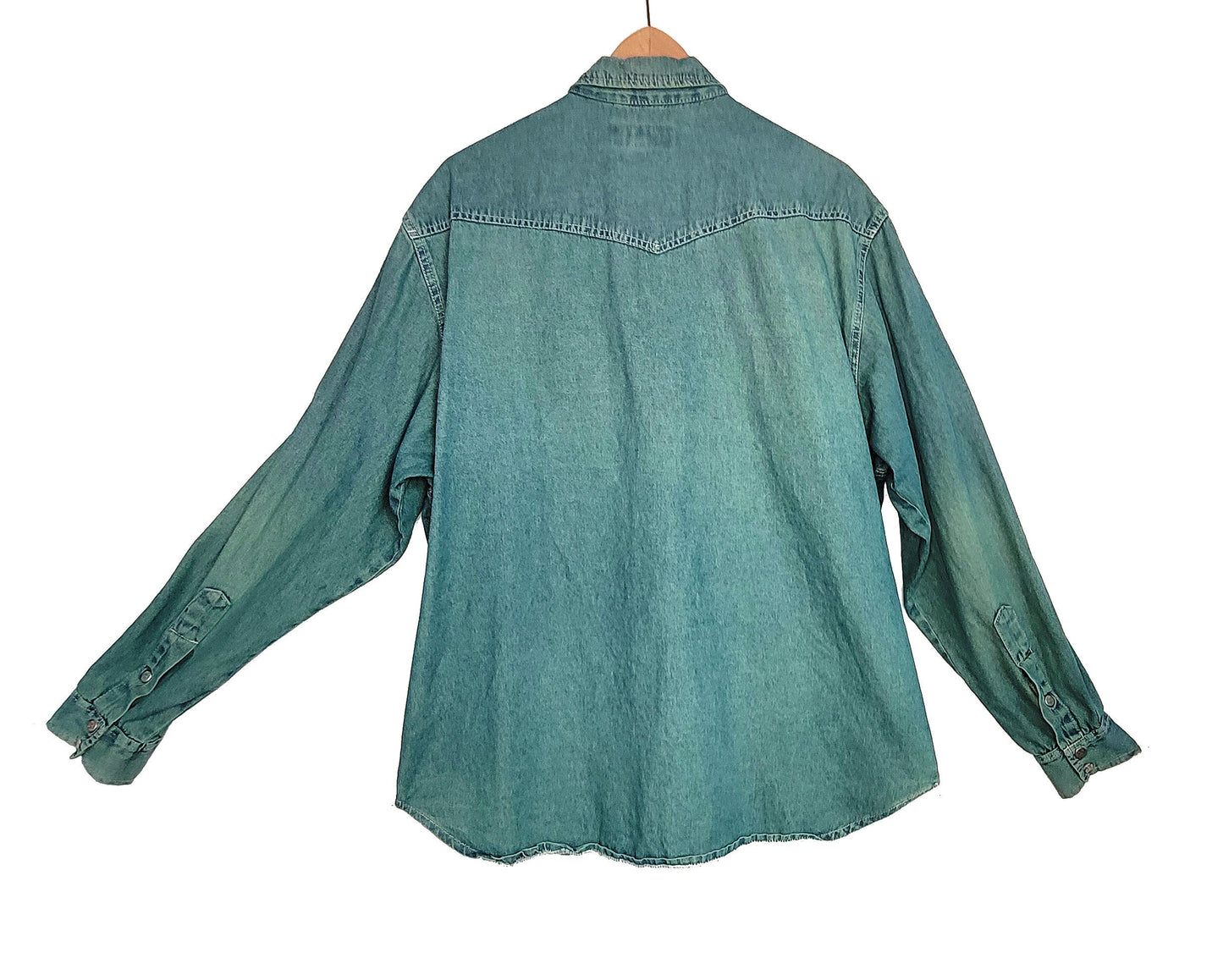Green denim studded shirt jean shirt upcycled denim shirt | studded jeans western shirt sustainable fashion | upcycled clothing