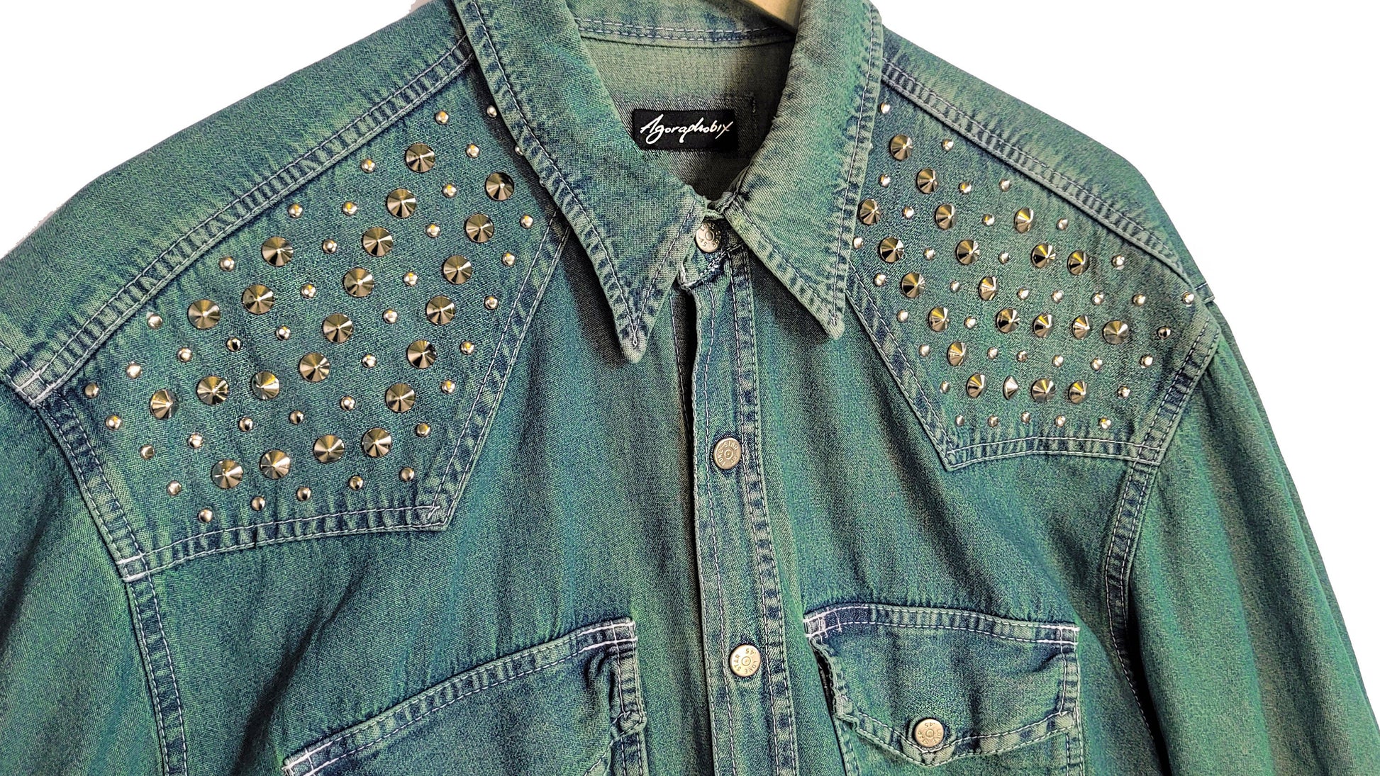Green denim studded shirt jean shirt upcycled denim shirt | studded jeans western shirt sustainable fashion | upcycled clothing