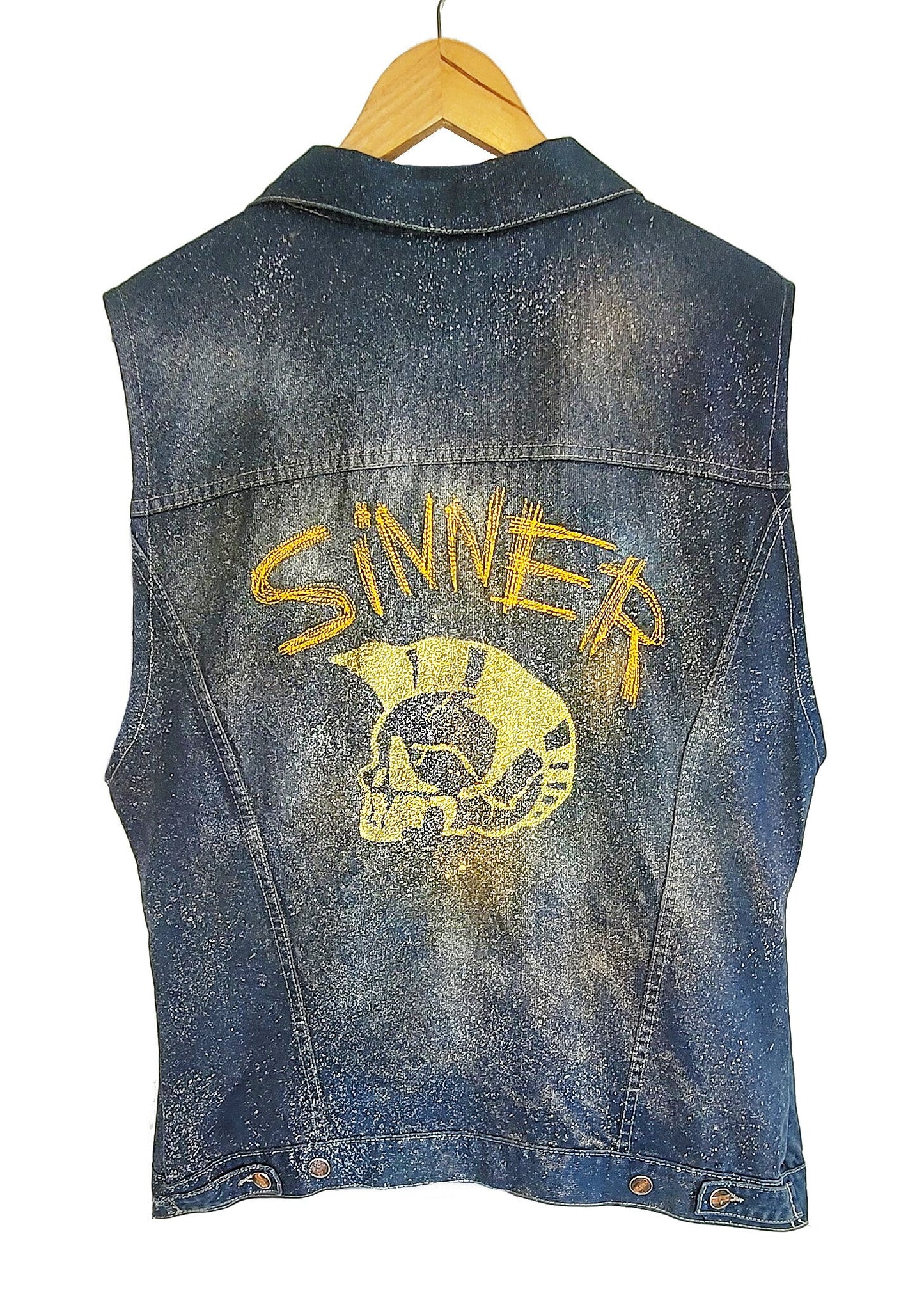 UNISEX XL Glitter n gold hand painted denim biker vest battle vest | custom denim vest soft grunge denim vest | upcycled denim punk jacket
