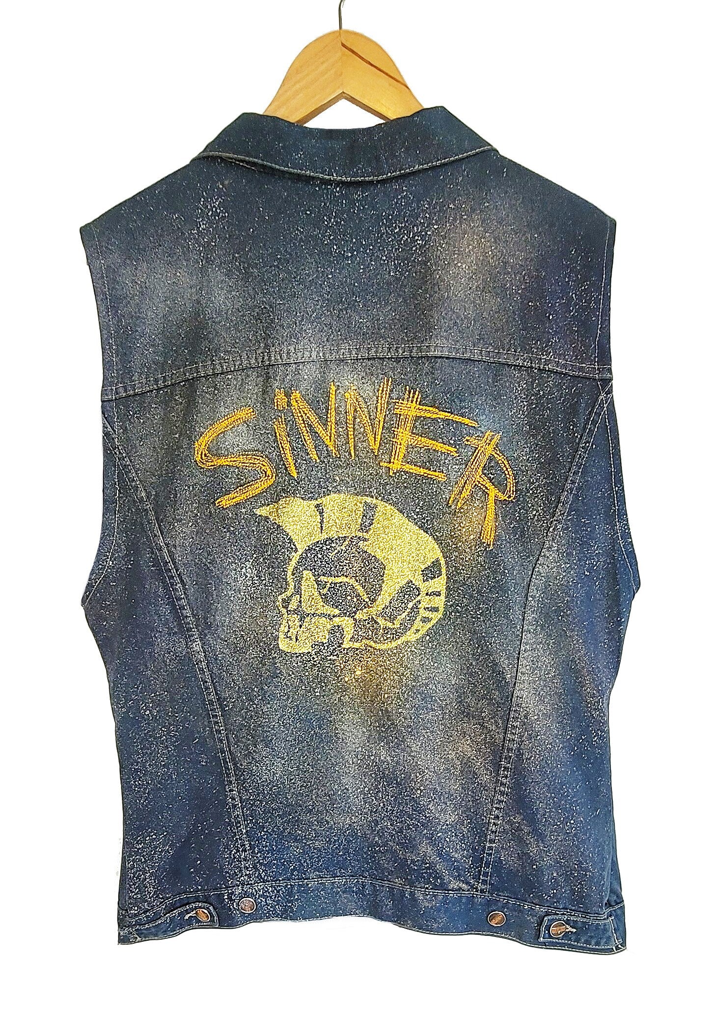 UNISEX XL Glitter n gold hand painted denim biker vest battle vest | custom denim vest soft grunge denim vest | upcycled denim punk jacket