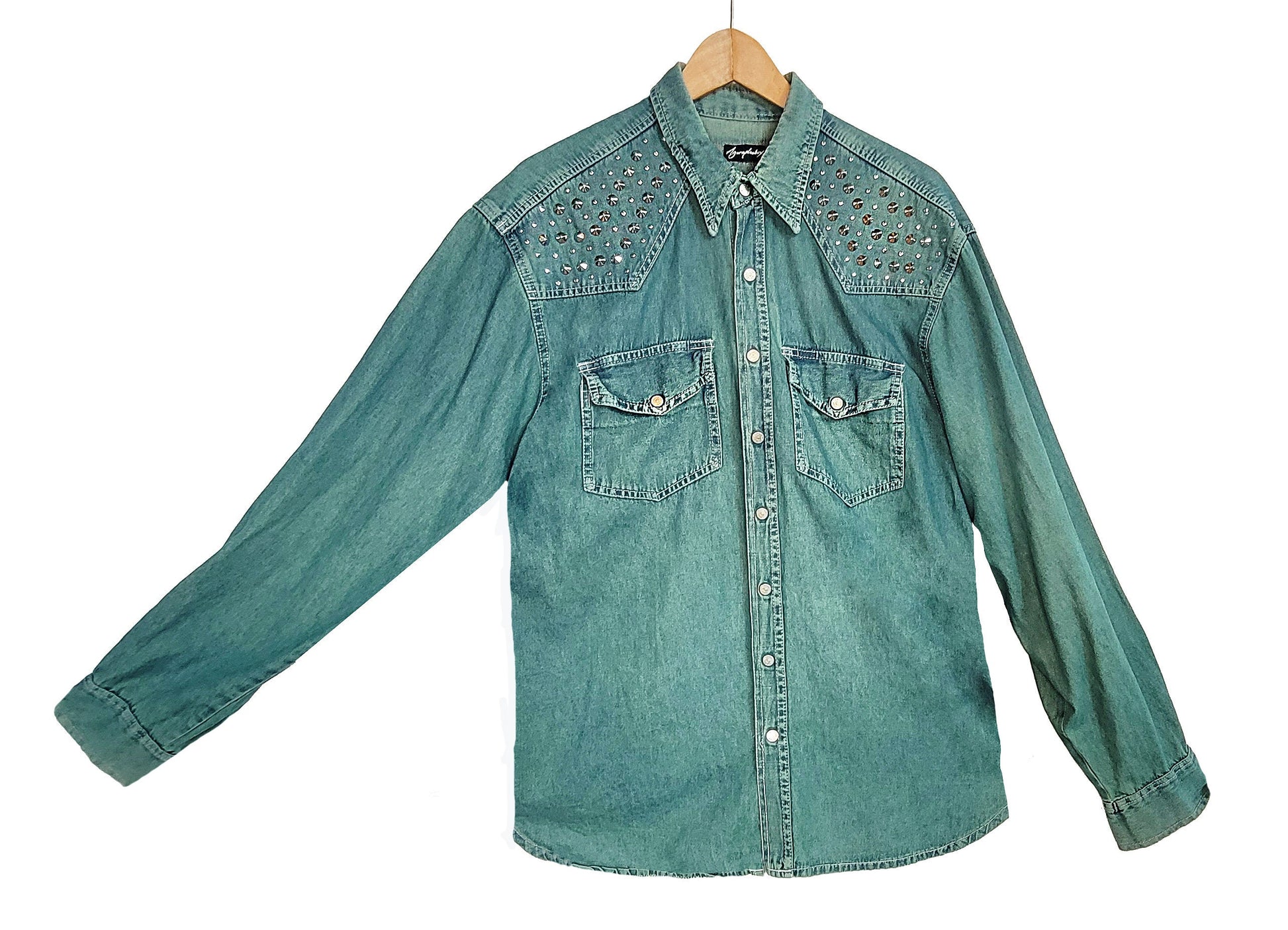 Green denim studded shirt jean shirt upcycled denim shirt | studded jeans western shirt sustainable fashion | upcycled clothing