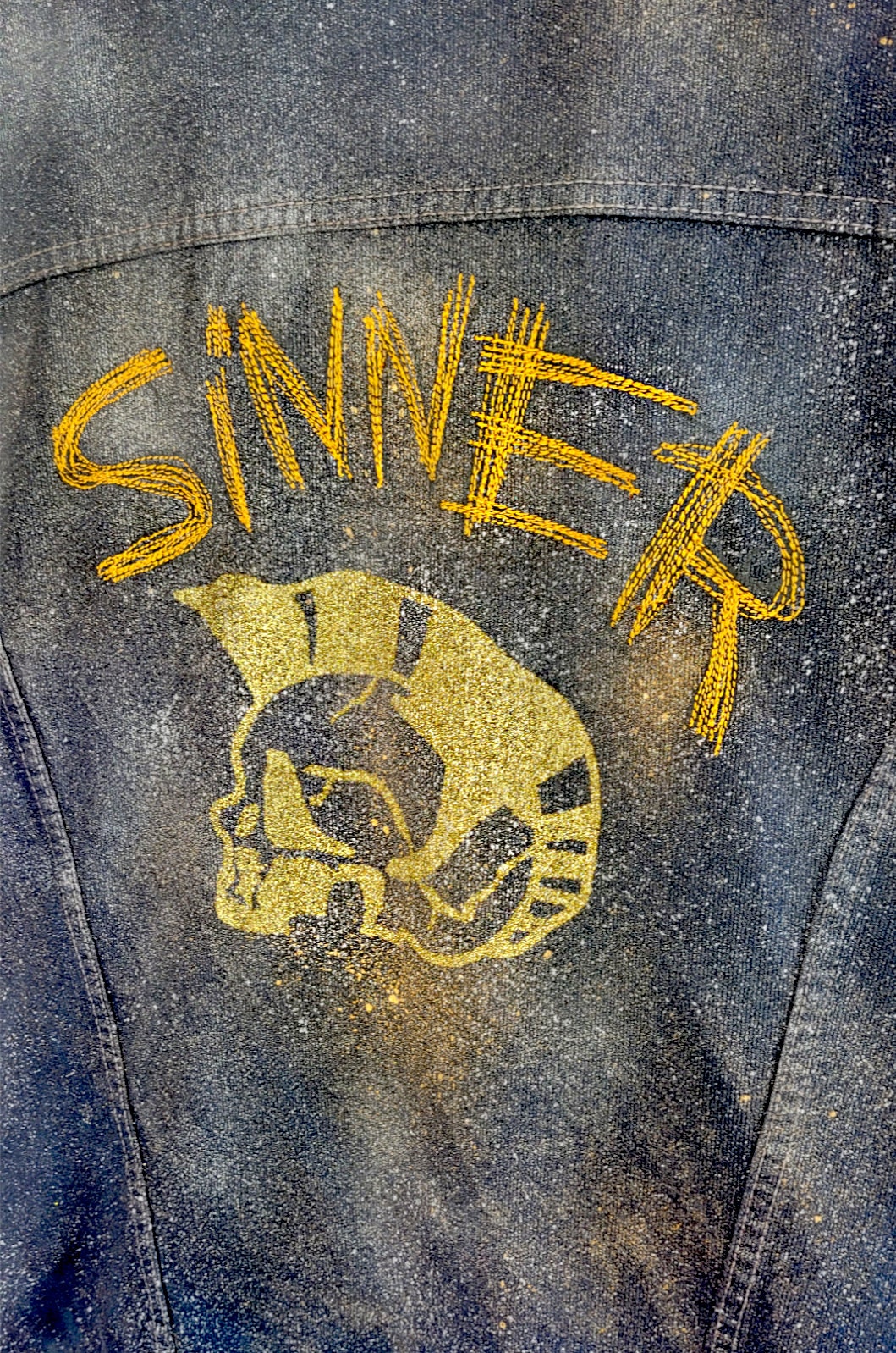 UNISEX XL Glitter n gold hand painted denim biker vest battle vest | custom denim vest soft grunge denim vest | upcycled denim punk jacket