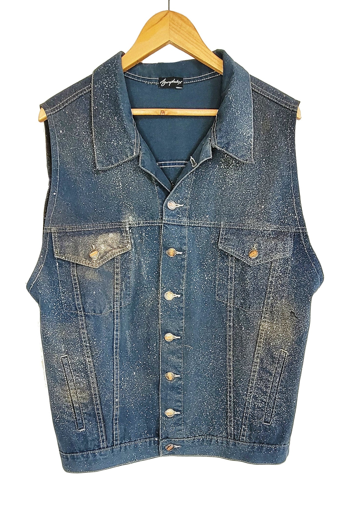 UNISEX XL Glitter n gold hand painted denim biker vest battle vest | custom denim vest soft grunge denim vest | upcycled denim punk jacket