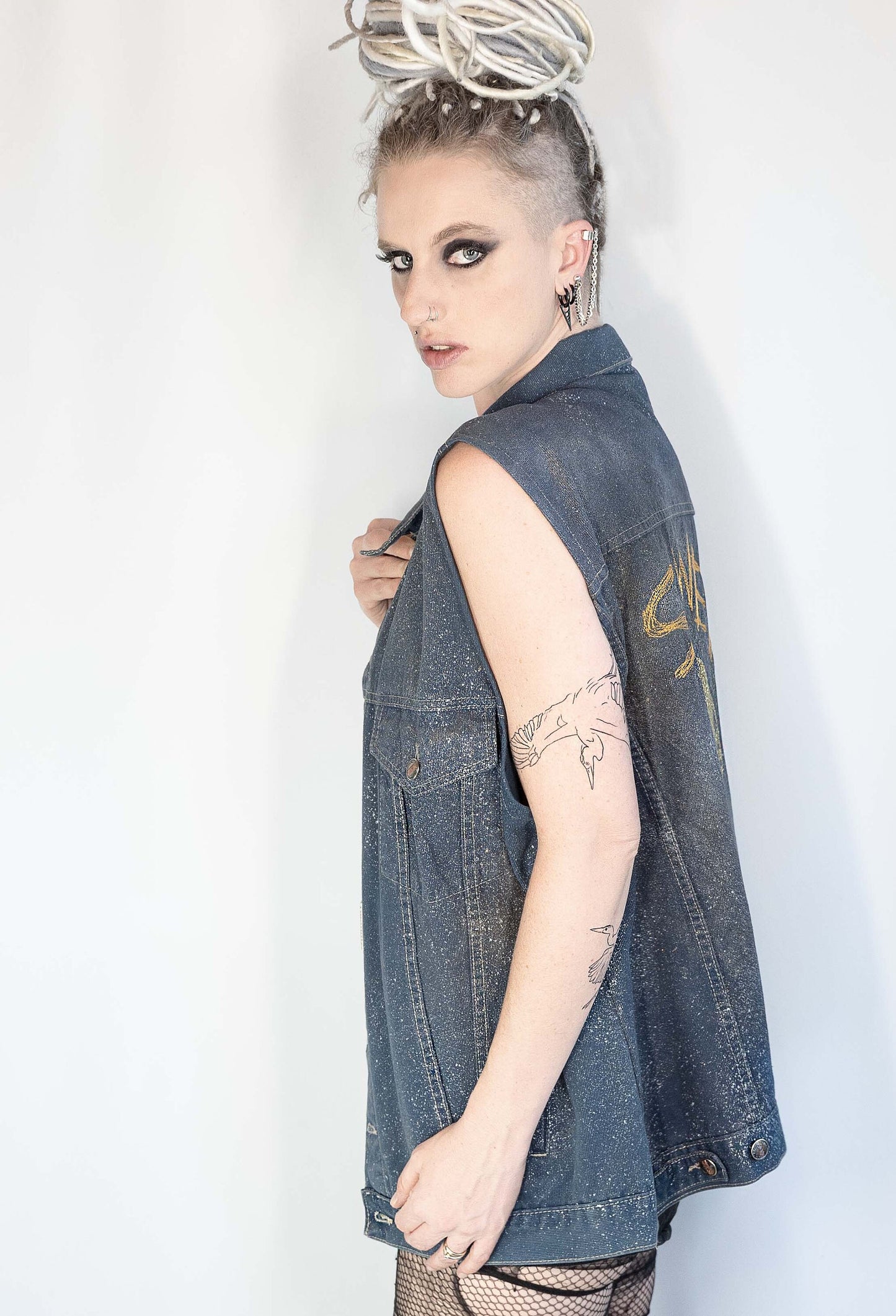 UNISEX XL Glitter n gold hand painted denim biker vest battle vest | custom denim vest soft grunge denim vest | upcycled denim punk jacket