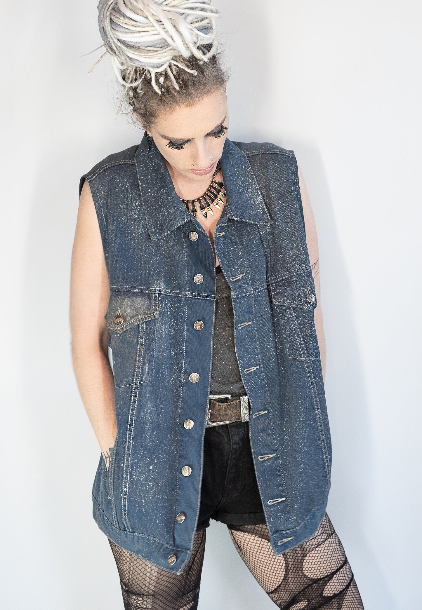 UNISEX XL Glitter n gold hand painted denim biker vest battle vest | custom denim vest soft grunge denim vest | upcycled denim punk jacket