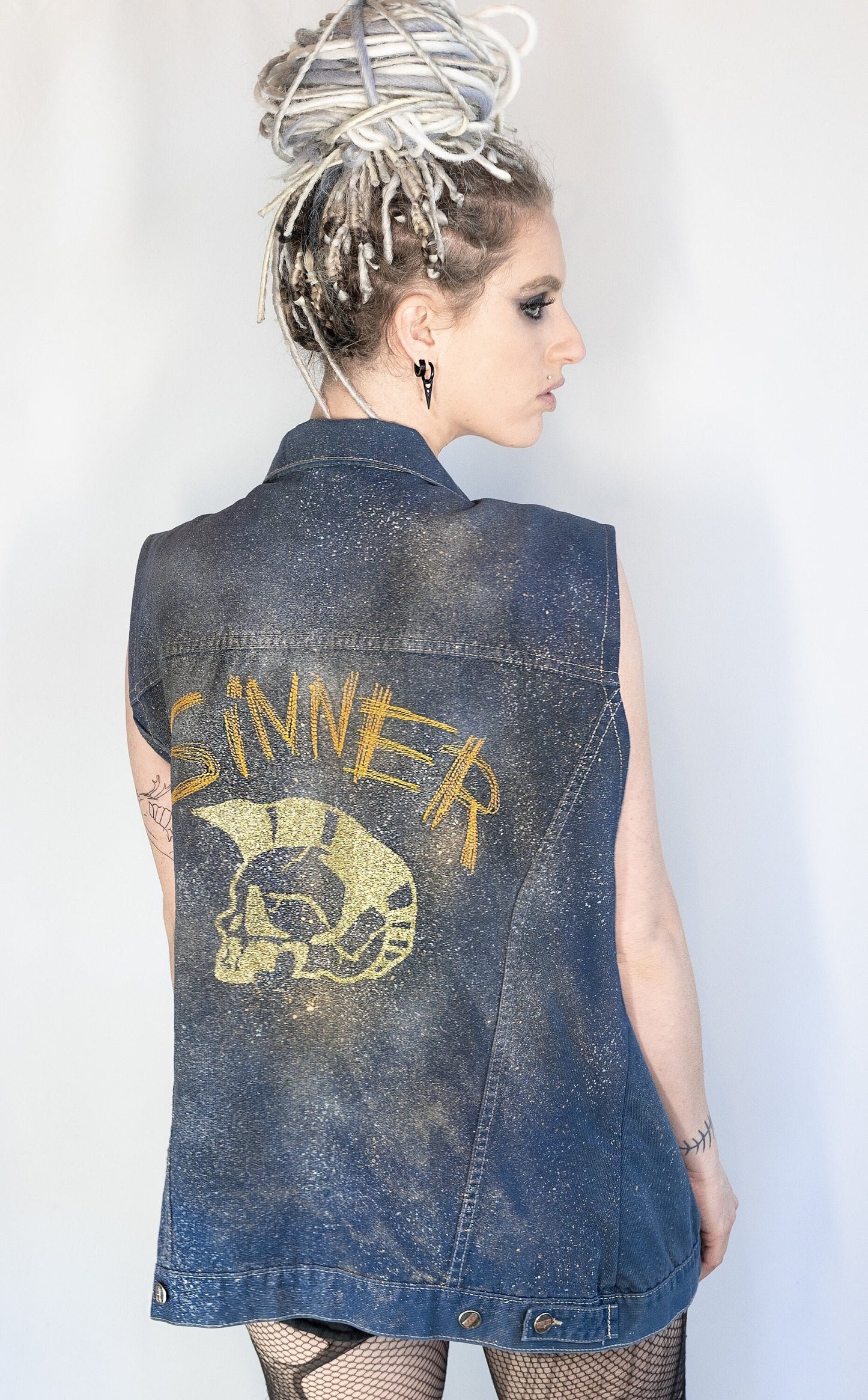 UNISEX XL Glitter n gold hand painted denim biker vest battle vest | custom denim vest soft grunge denim vest | upcycled denim punk jacket