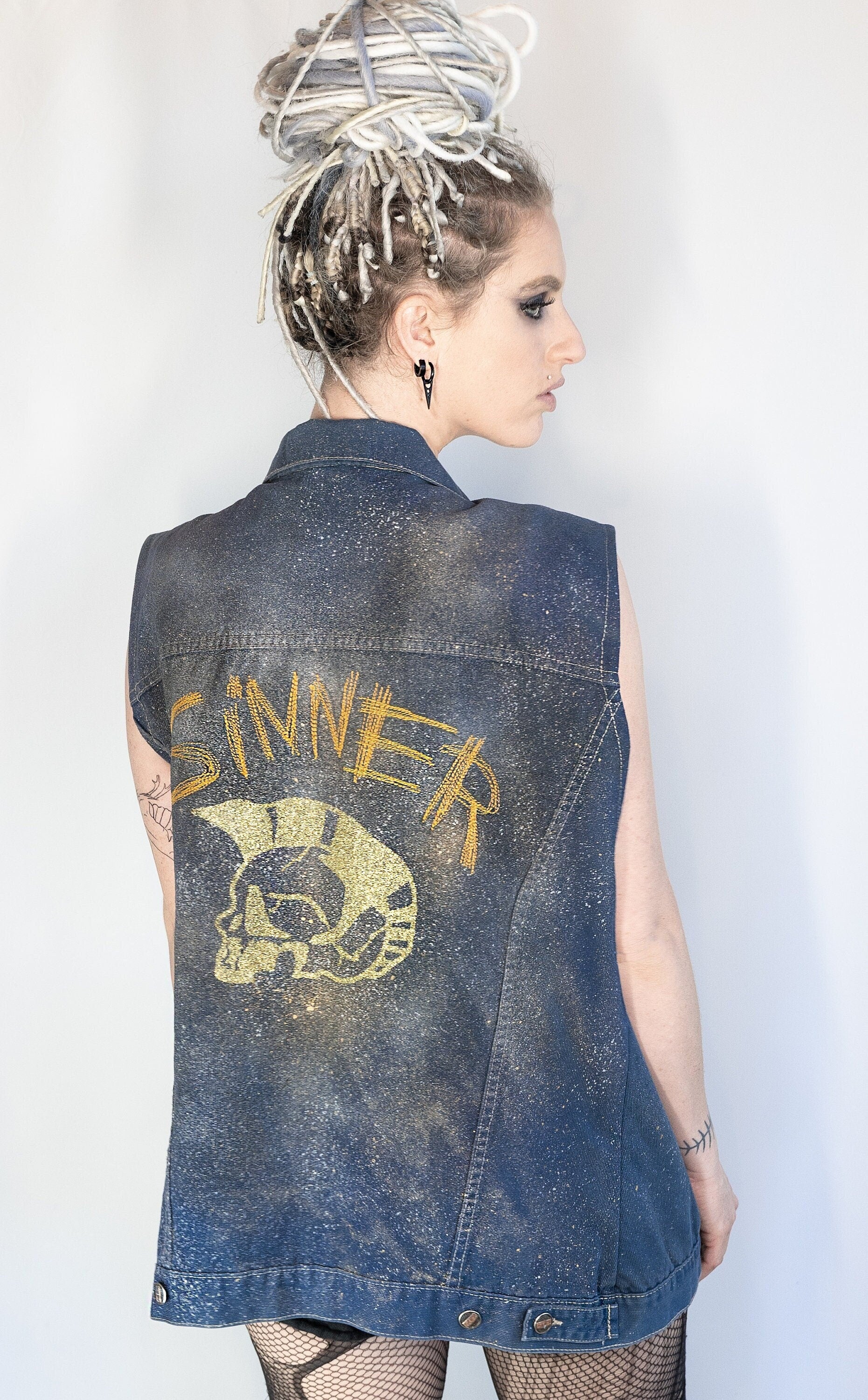 UNISEX XL Glitter n gold hand painted denim biker vest battle vest | custom denim vest soft grunge denim vest | upcycled denim punk jacket