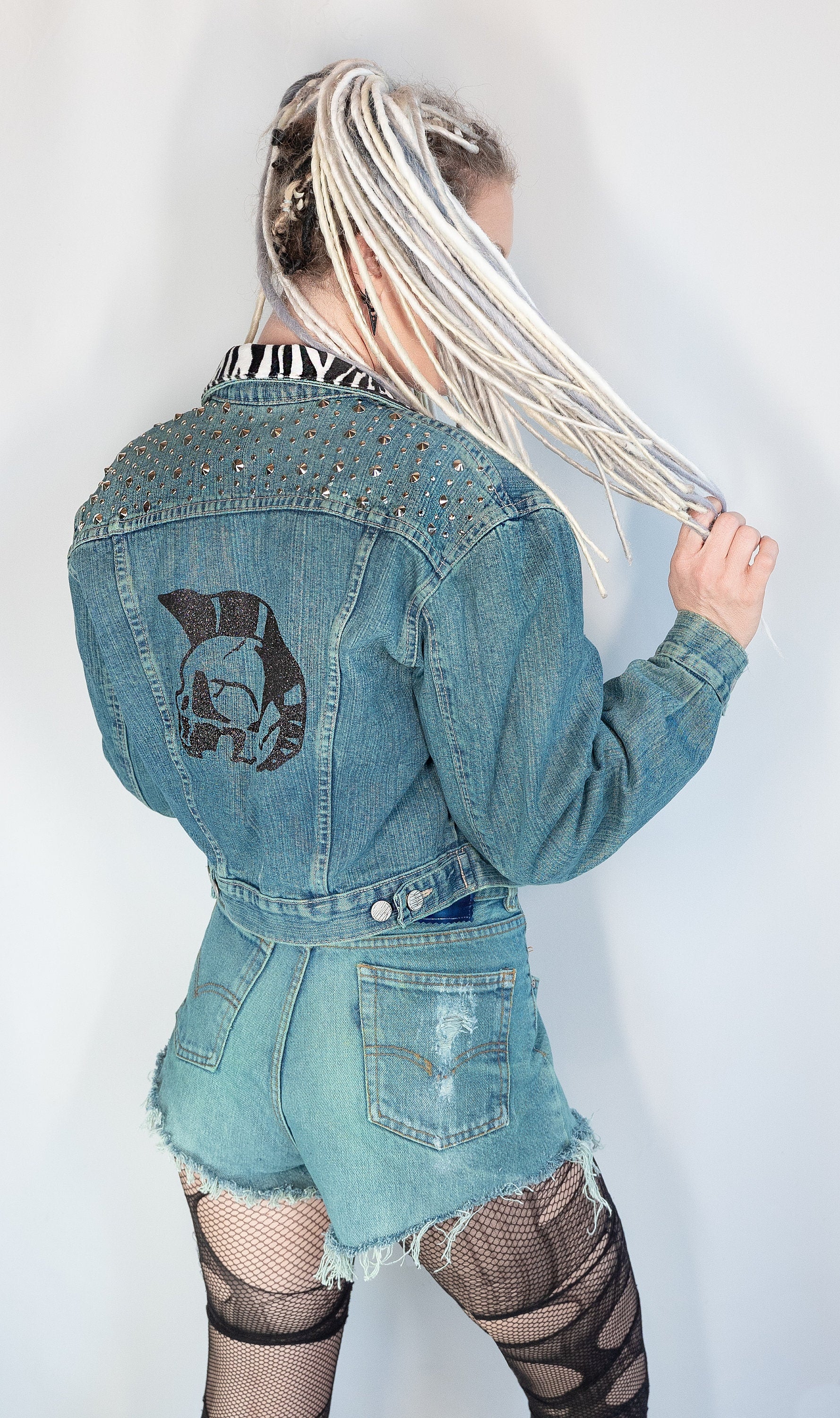 green denim jacket glitter skull studded denim jacket punk jacket | custom denim jacket hand painted denim jacket custom jean jacket size S