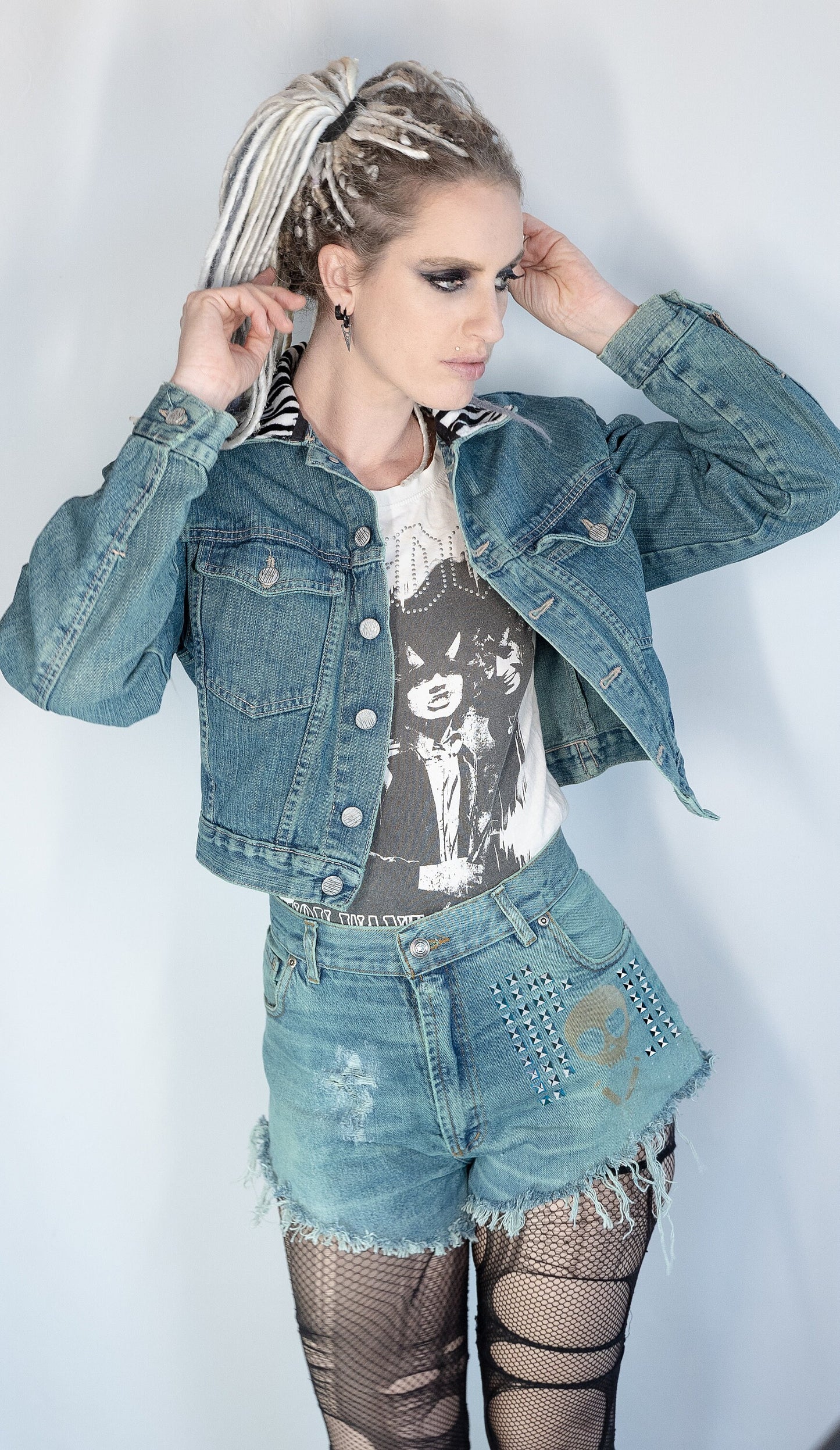 green denim jacket glitter skull studded denim jacket punk jacket | custom denim jacket hand painted denim jacket custom jean jacket size S