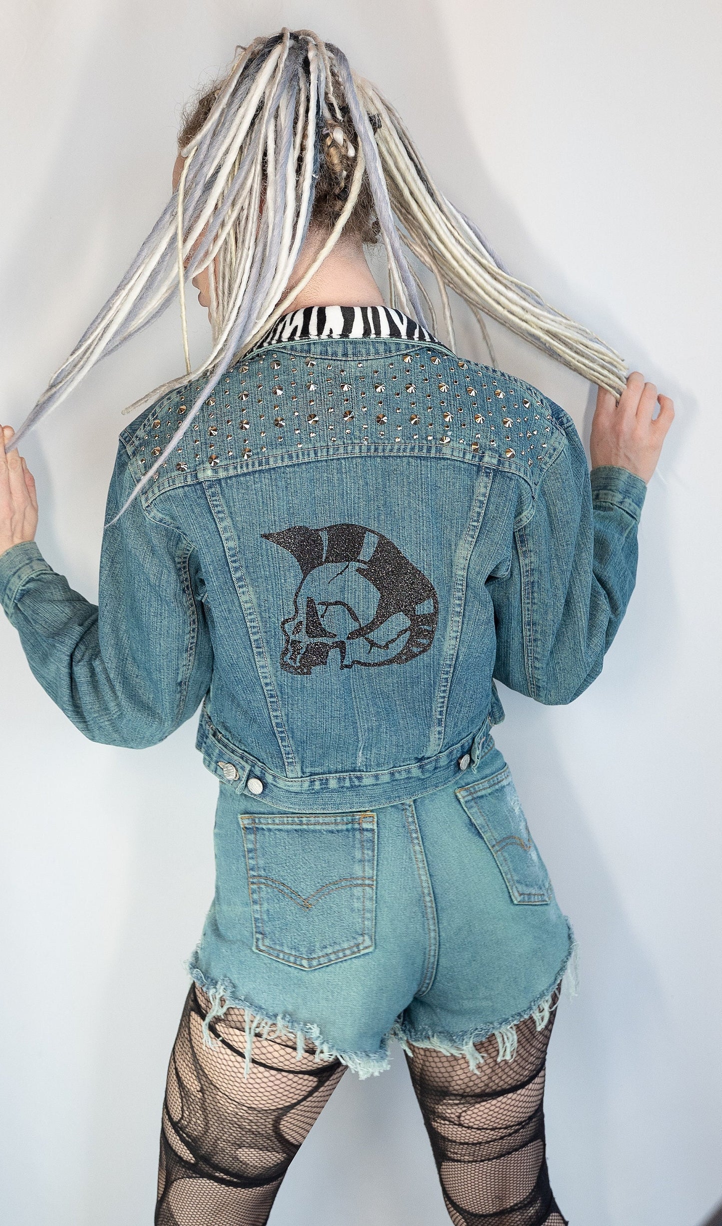 green denim jacket glitter skull studded denim jacket punk jacket | custom denim jacket hand painted denim jacket custom jean jacket size S