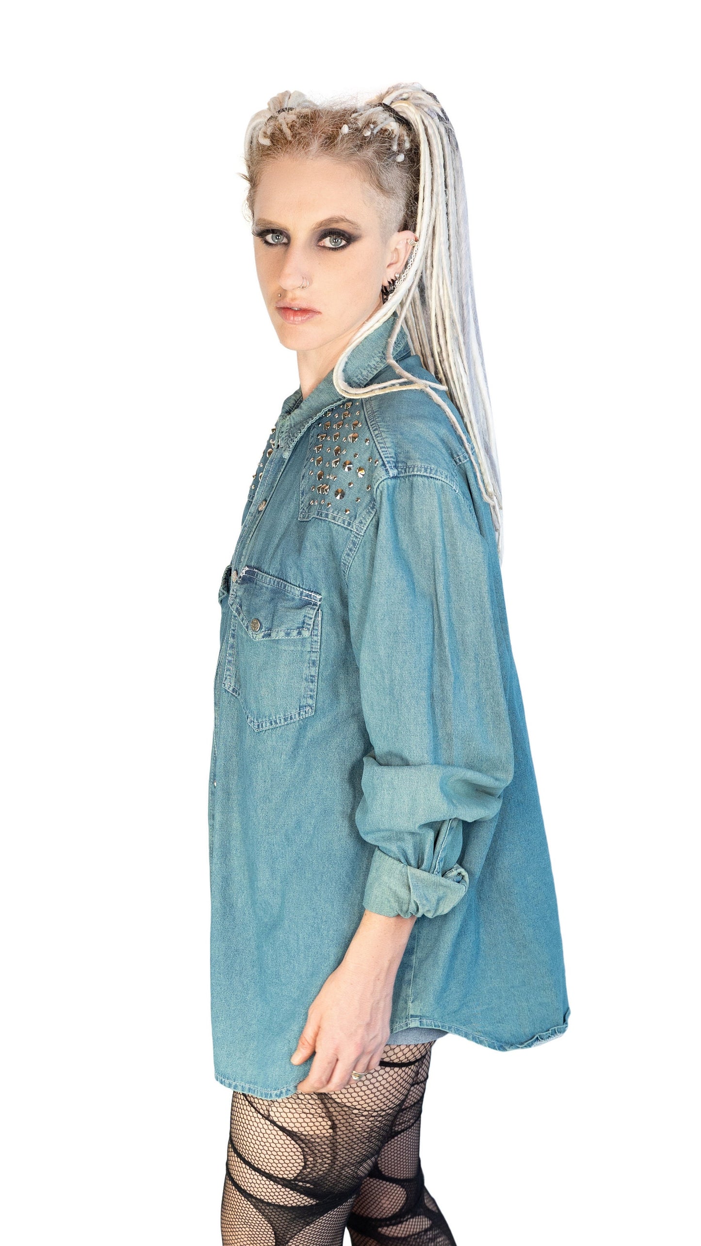 Green denim studded shirt jean shirt upcycled denim shirt | studded jeans western shirt sustainable fashion | upcycled clothing