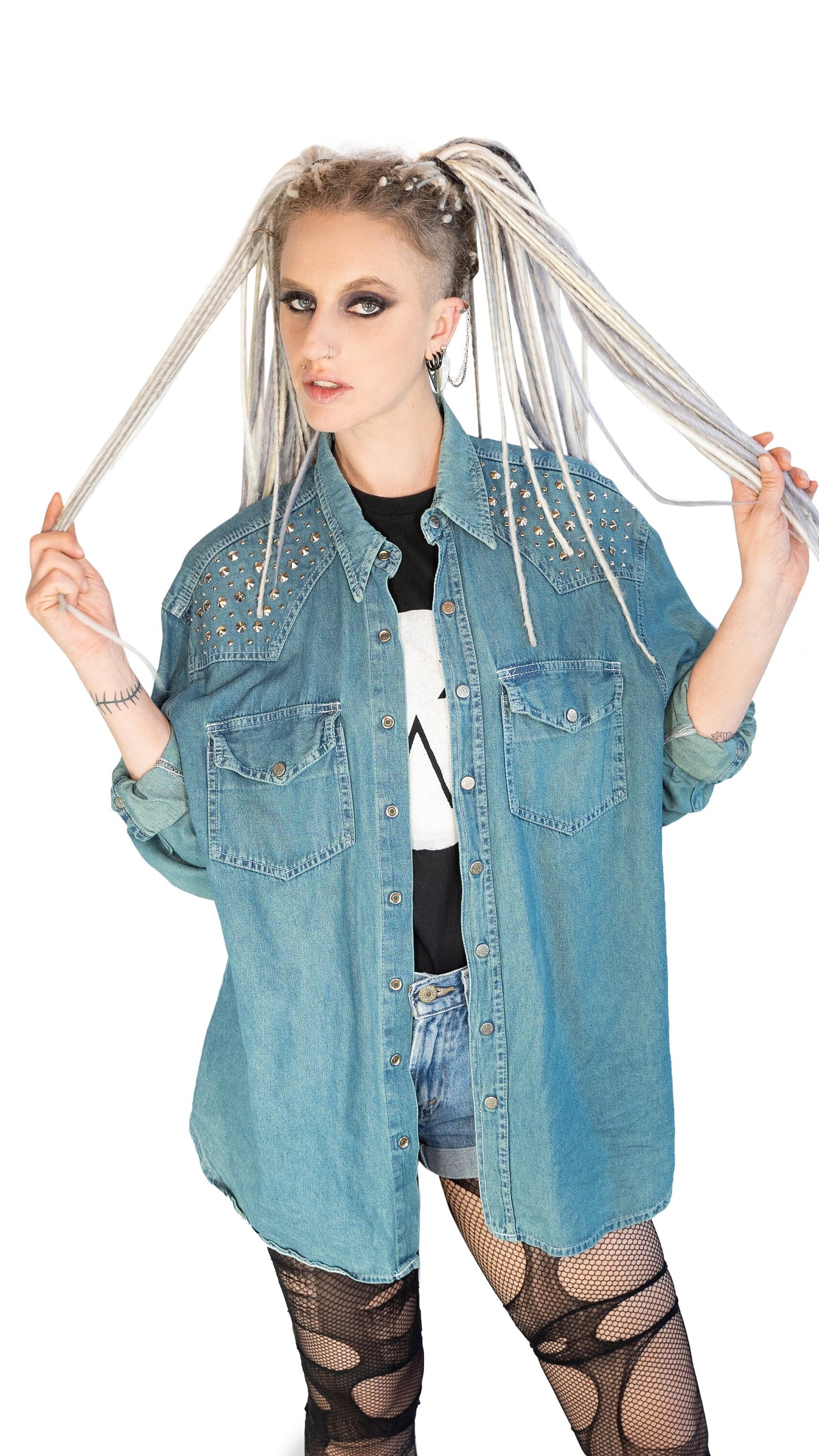 Green denim studded shirt jean shirt upcycled denim shirt | studded jeans western shirt sustainable fashion | upcycled clothing