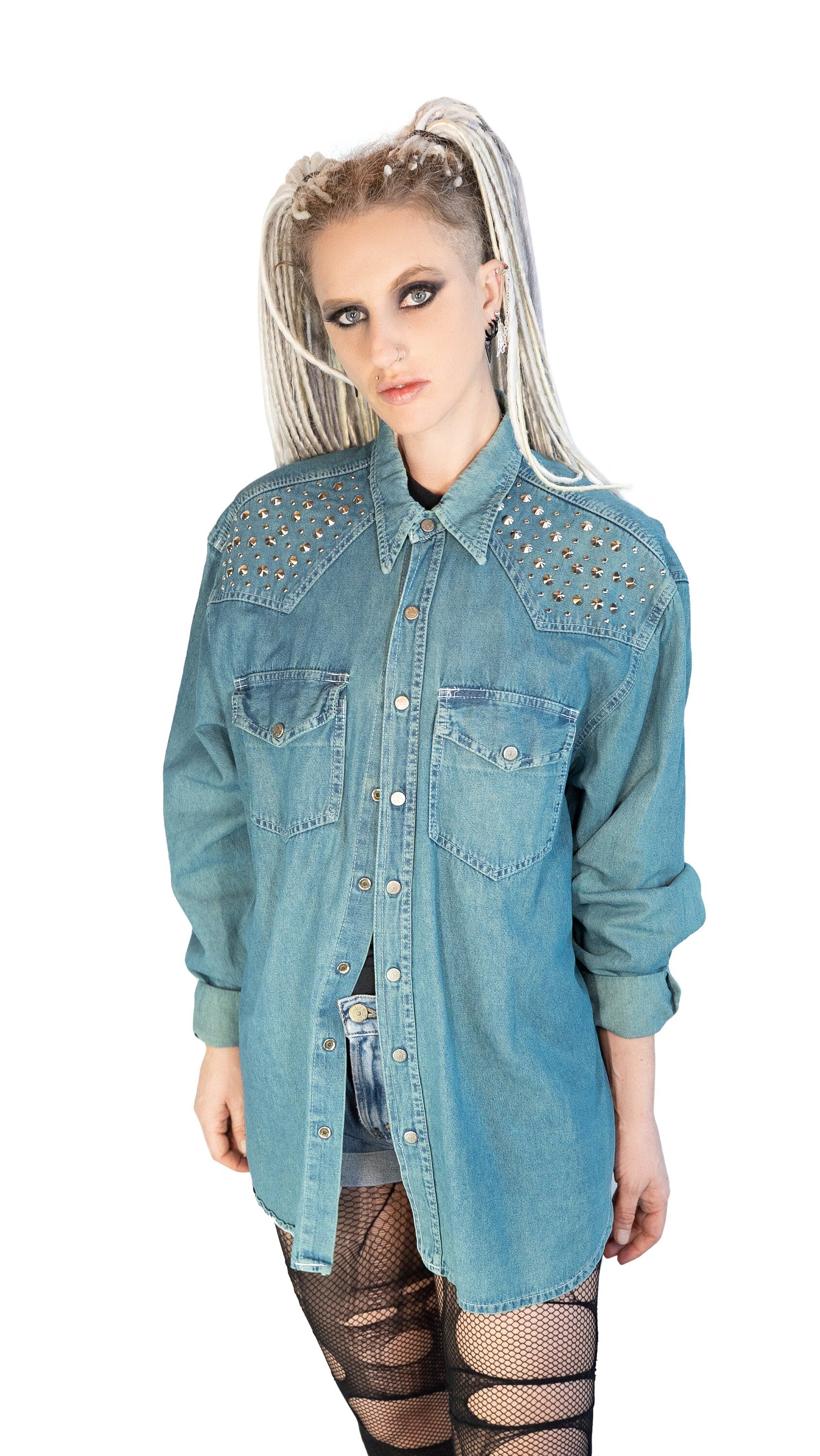 Green denim studded shirt jean shirt upcycled denim shirt | studded jeans western shirt sustainable fashion | upcycled clothing