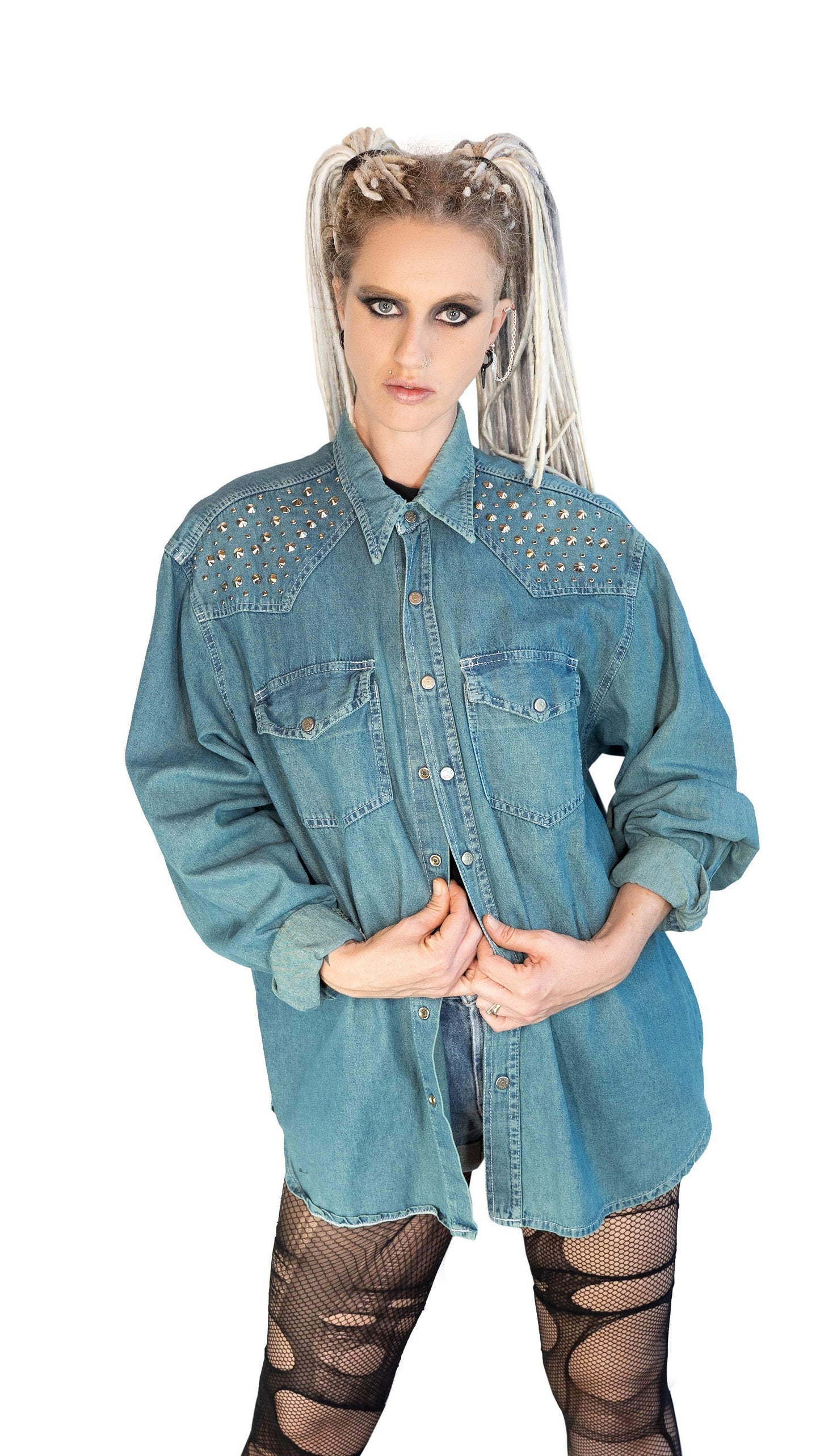 Green denim studded shirt jean shirt upcycled denim shirt | studded jeans western shirt sustainable fashion | upcycled clothing