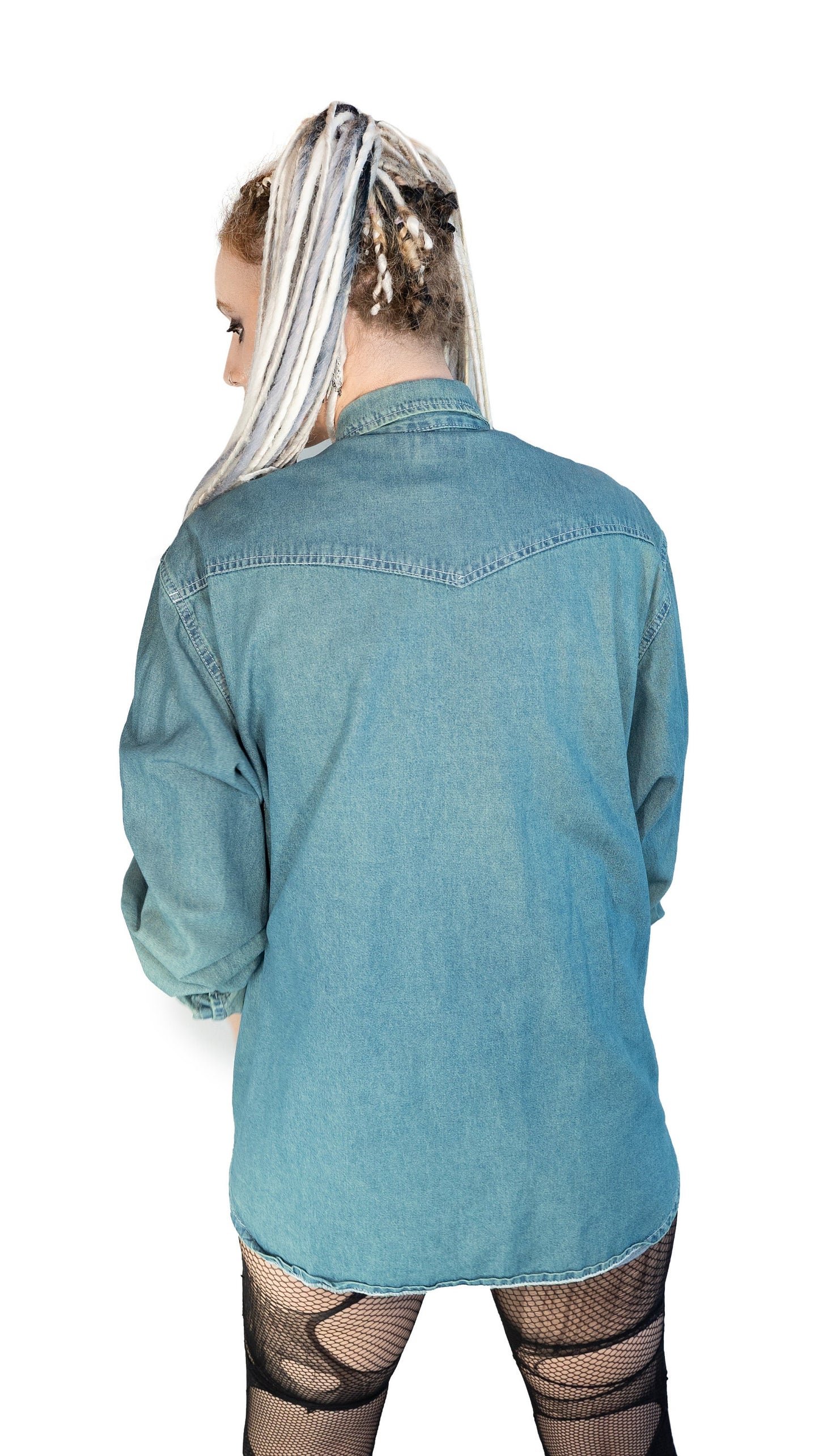 Green denim studded shirt jean shirt upcycled denim shirt | studded jeans western shirt sustainable fashion | upcycled clothing