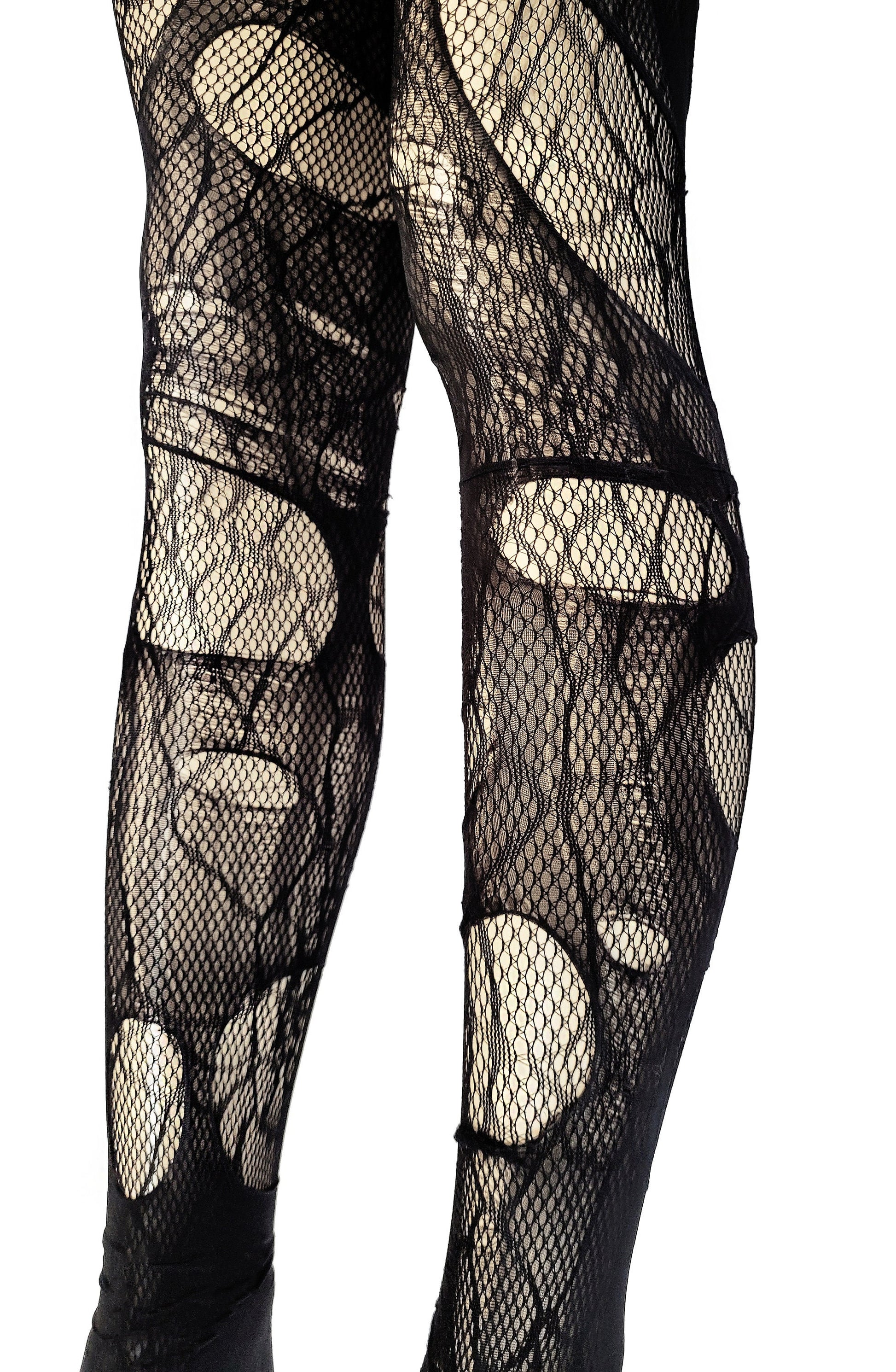 Spiderweb Tights Black Ripped Fishnet Tights Witchy Goth Leggings Gothic Rock Alternative Distressed Stockings