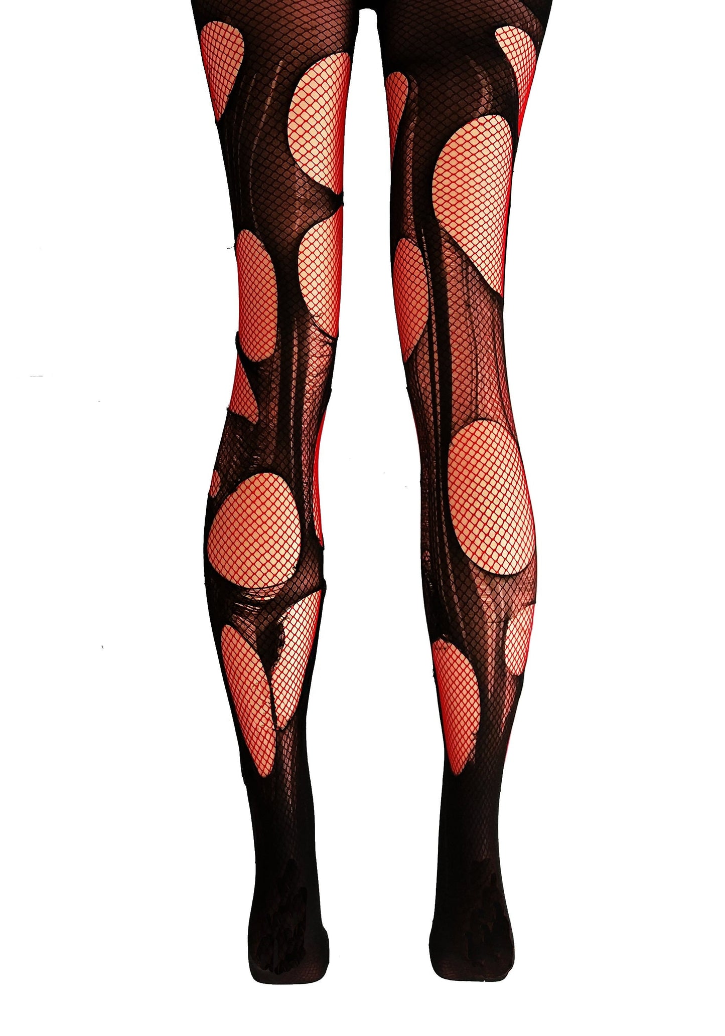 Red black fishnet tights fishnet stockings double layered tattered & torn tights fishnet leggings | goth tights punk fishnets