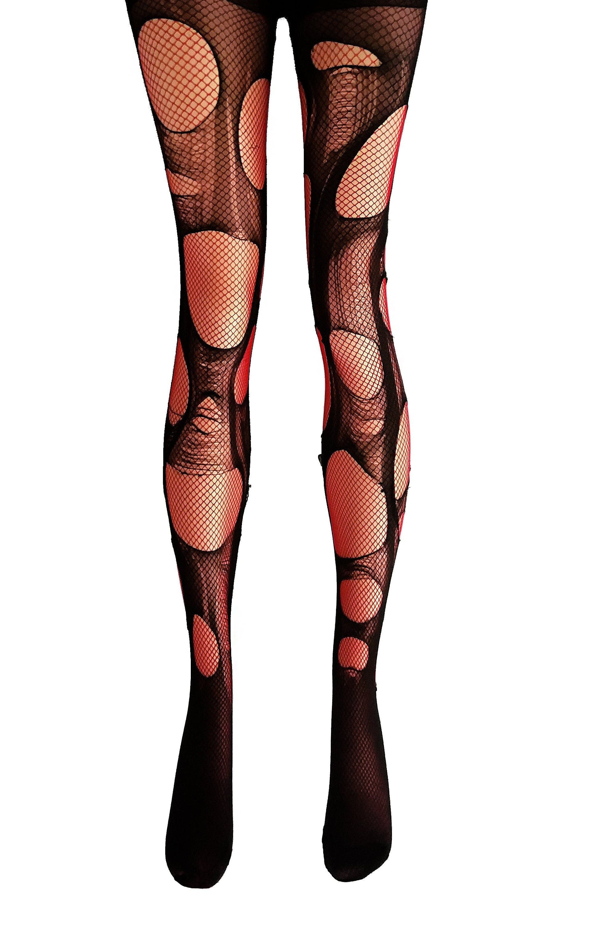 Red black fishnet tights fishnet stockings double layered tattered & torn tights fishnet leggings | goth tights punk fishnets