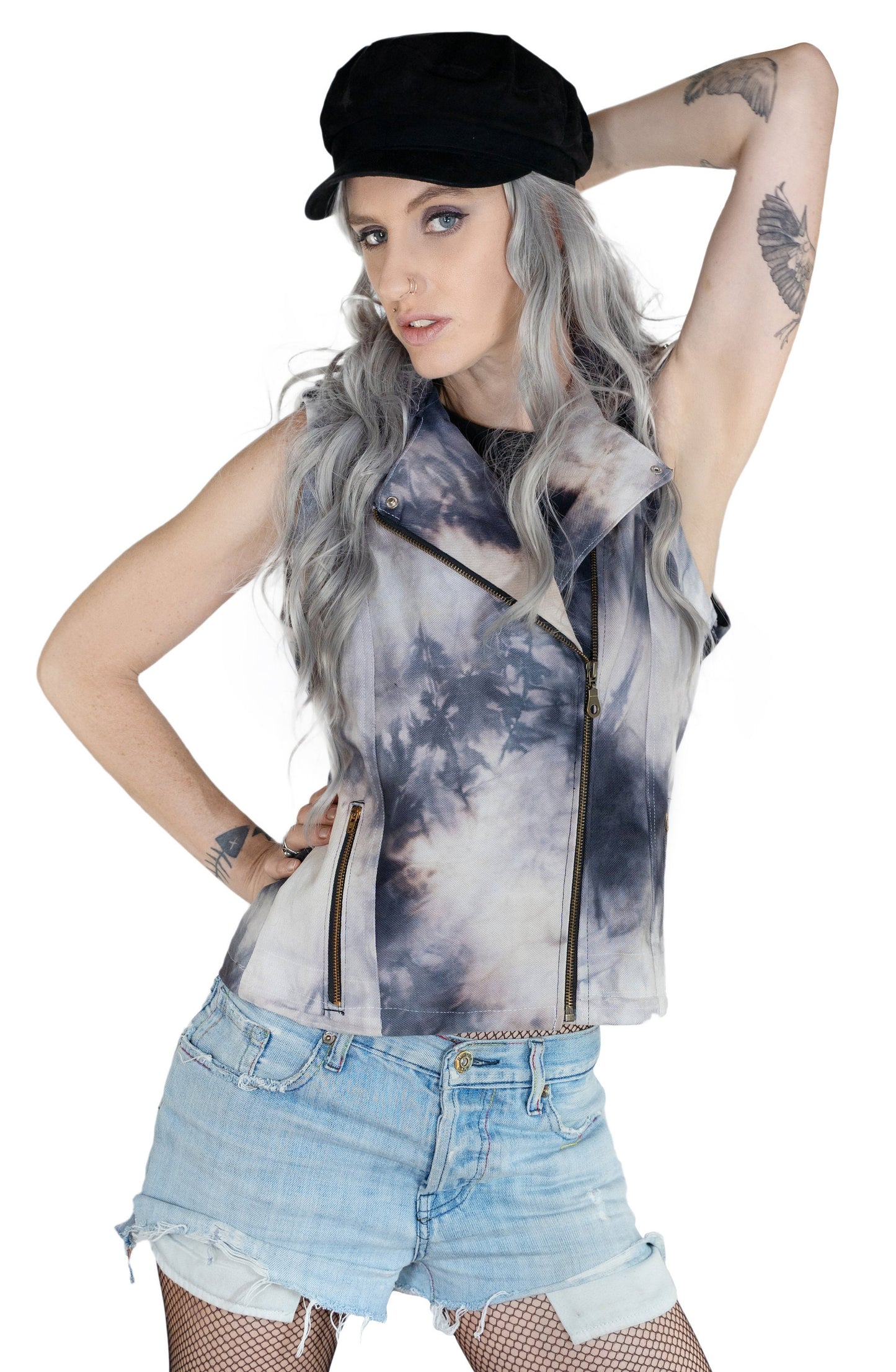 Black smoke tie dye denim biker vest tie dye vest biker jacket | moto vest soft grunge denim vest upcycled denim burning man vest