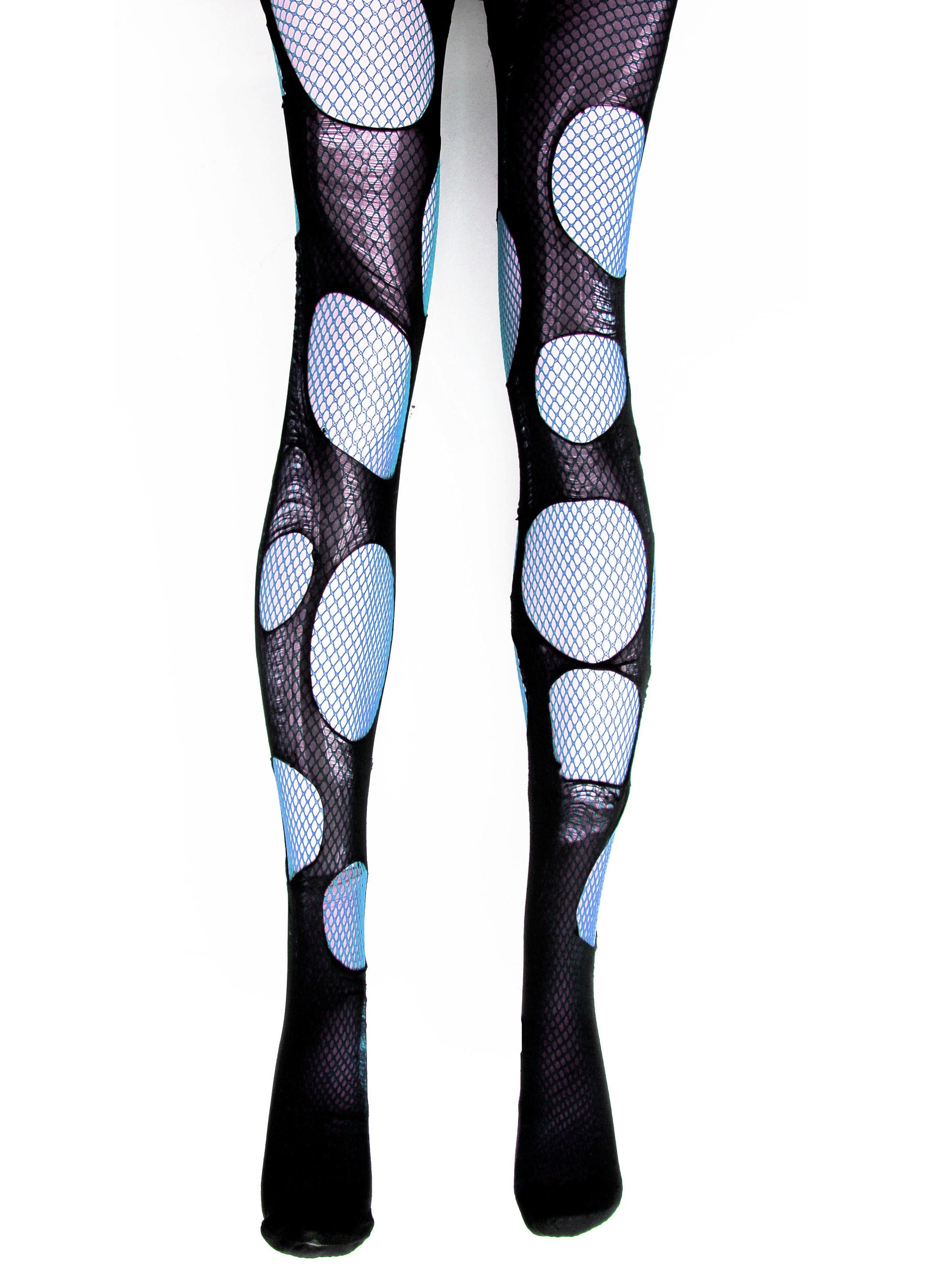 baby blue and black double layered torn fishnet stockings black fishnet tights fishnet leggings goth tights