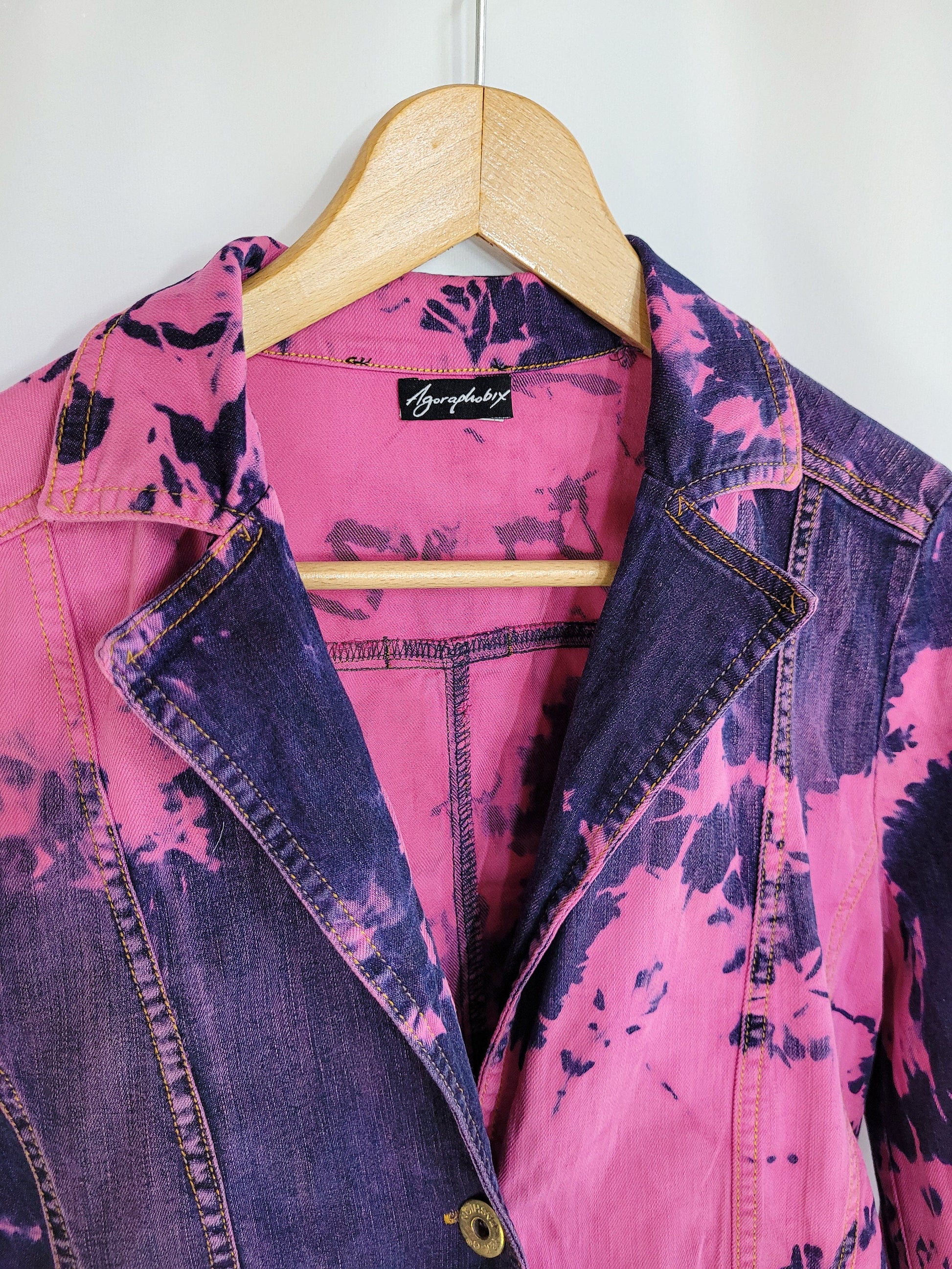 flamingo pink denim jacket acid wash jacket denim blazer | 90s jean jacket tie dye jacket festival jacket| Jean Jacket Size M