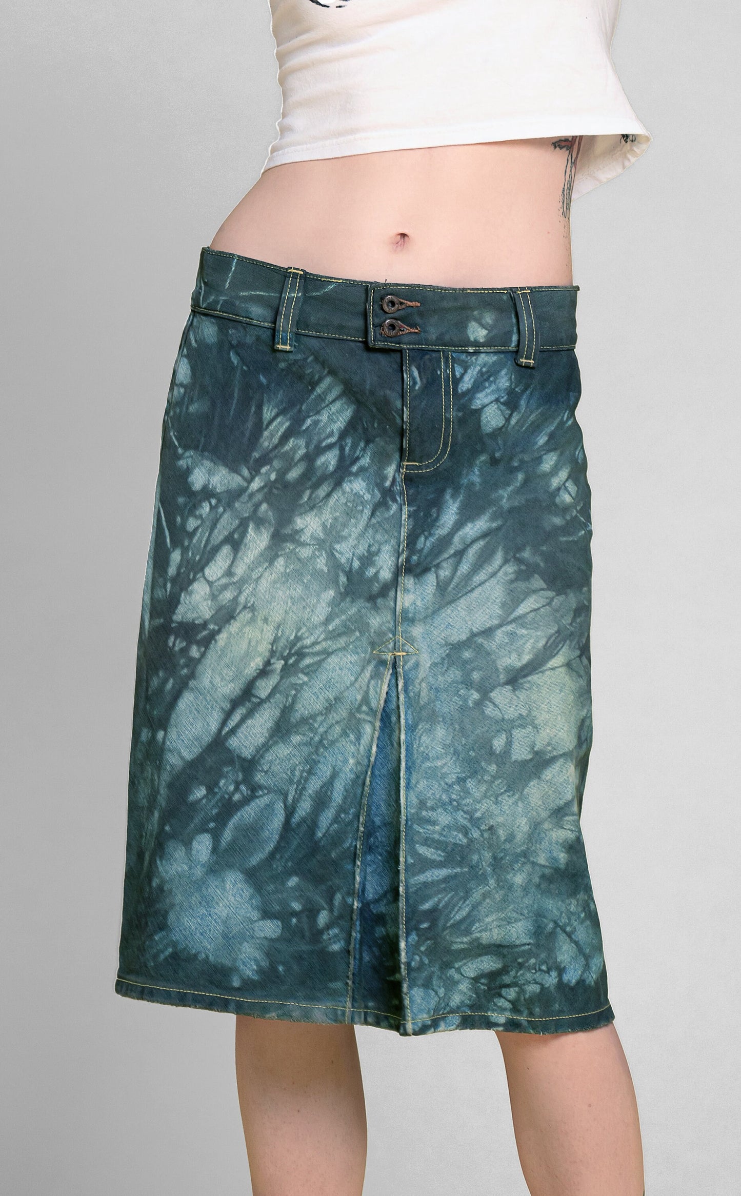 SALE Tie dye skirt midi denim skirt knee length skirt tie dye denim skirt | upcycled denim grunge skirt jean skirt | sustainable clothing
