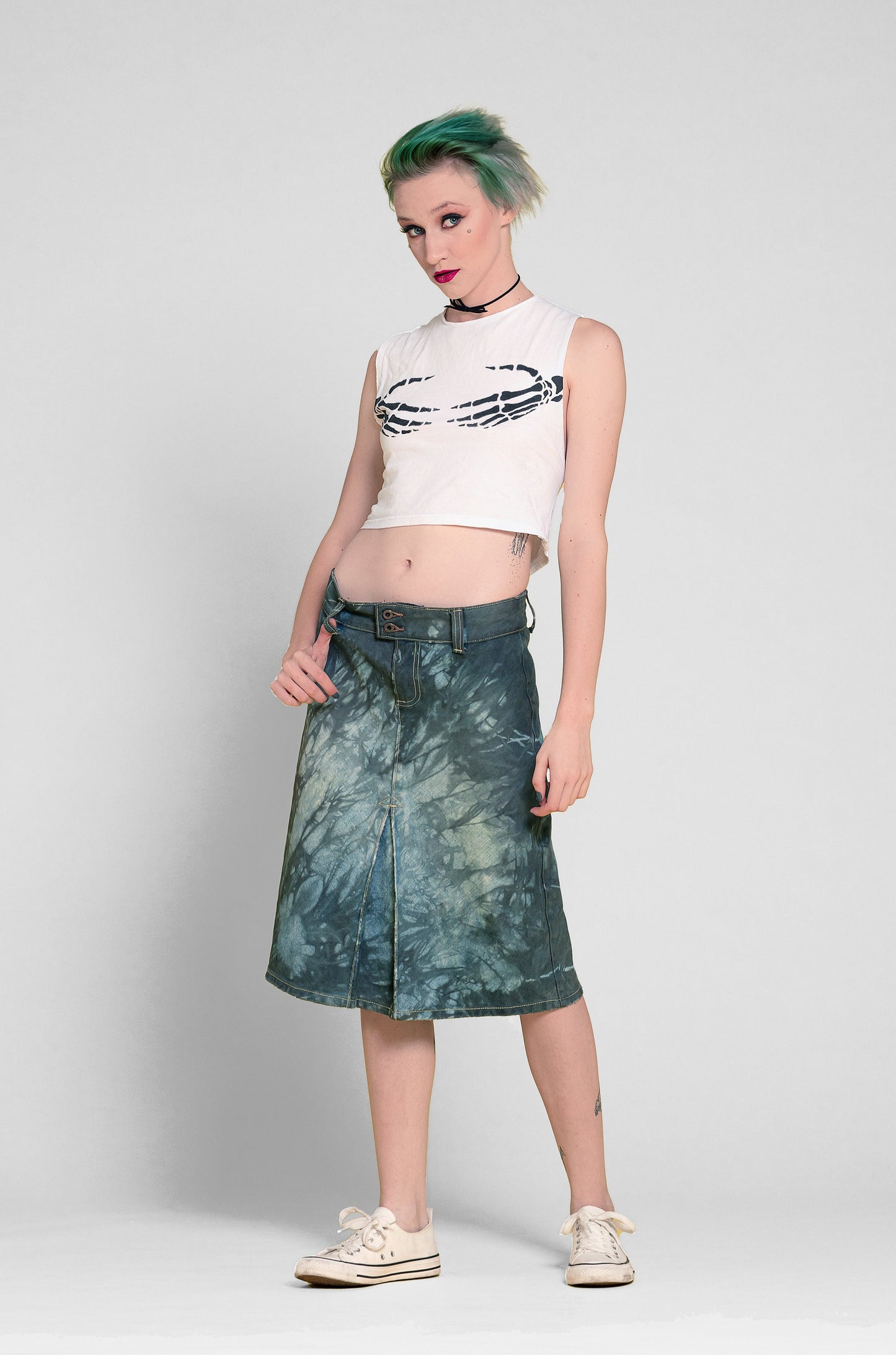 SALE Tie dye skirt midi denim skirt knee length skirt tie dye denim skirt | upcycled denim grunge skirt jean skirt | sustainable clothing
