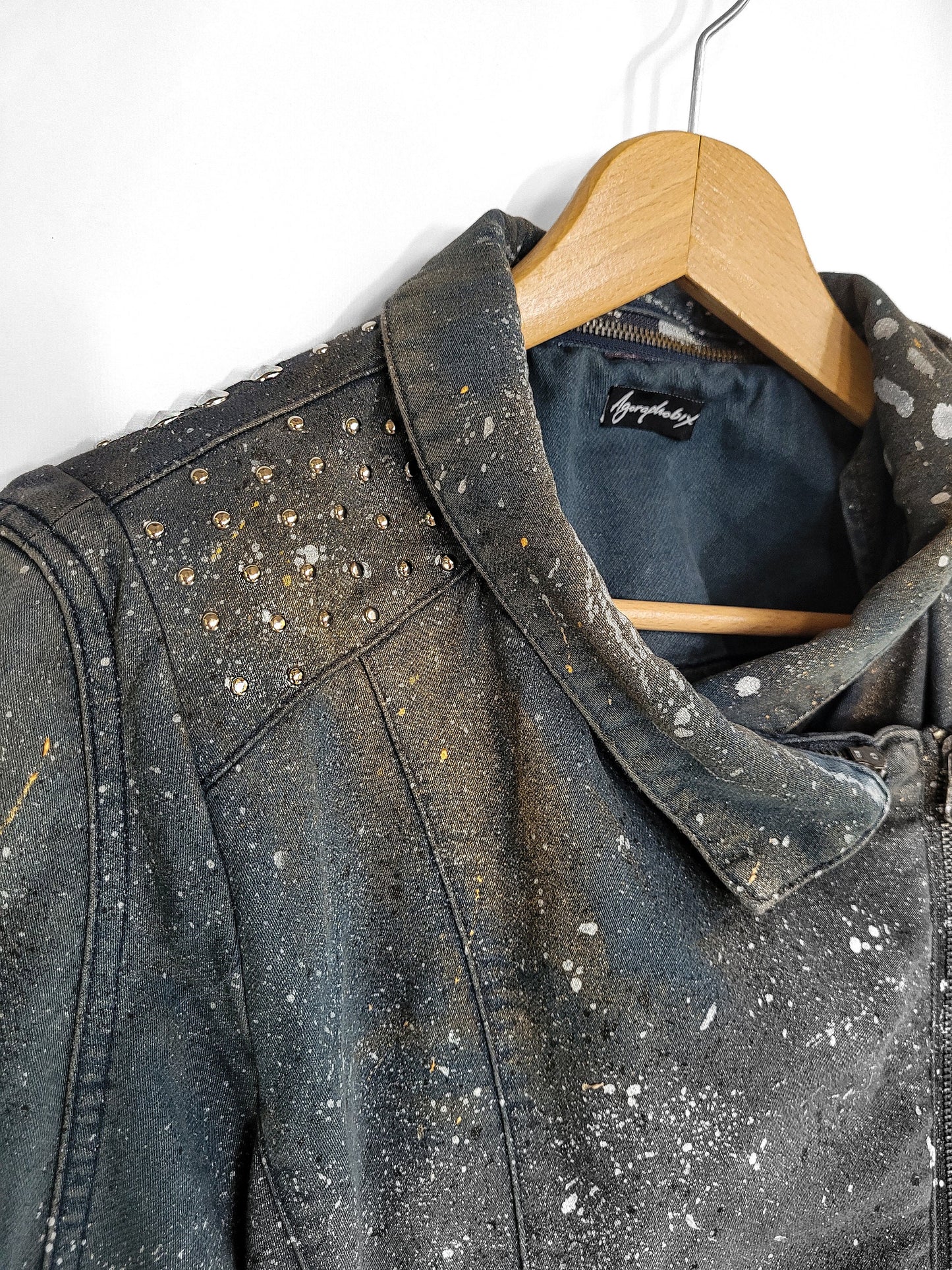 Dark space embellished denim jacket studded denim jacket | denim motorcycle jacket custom jean jacket | custom denim jacket size M