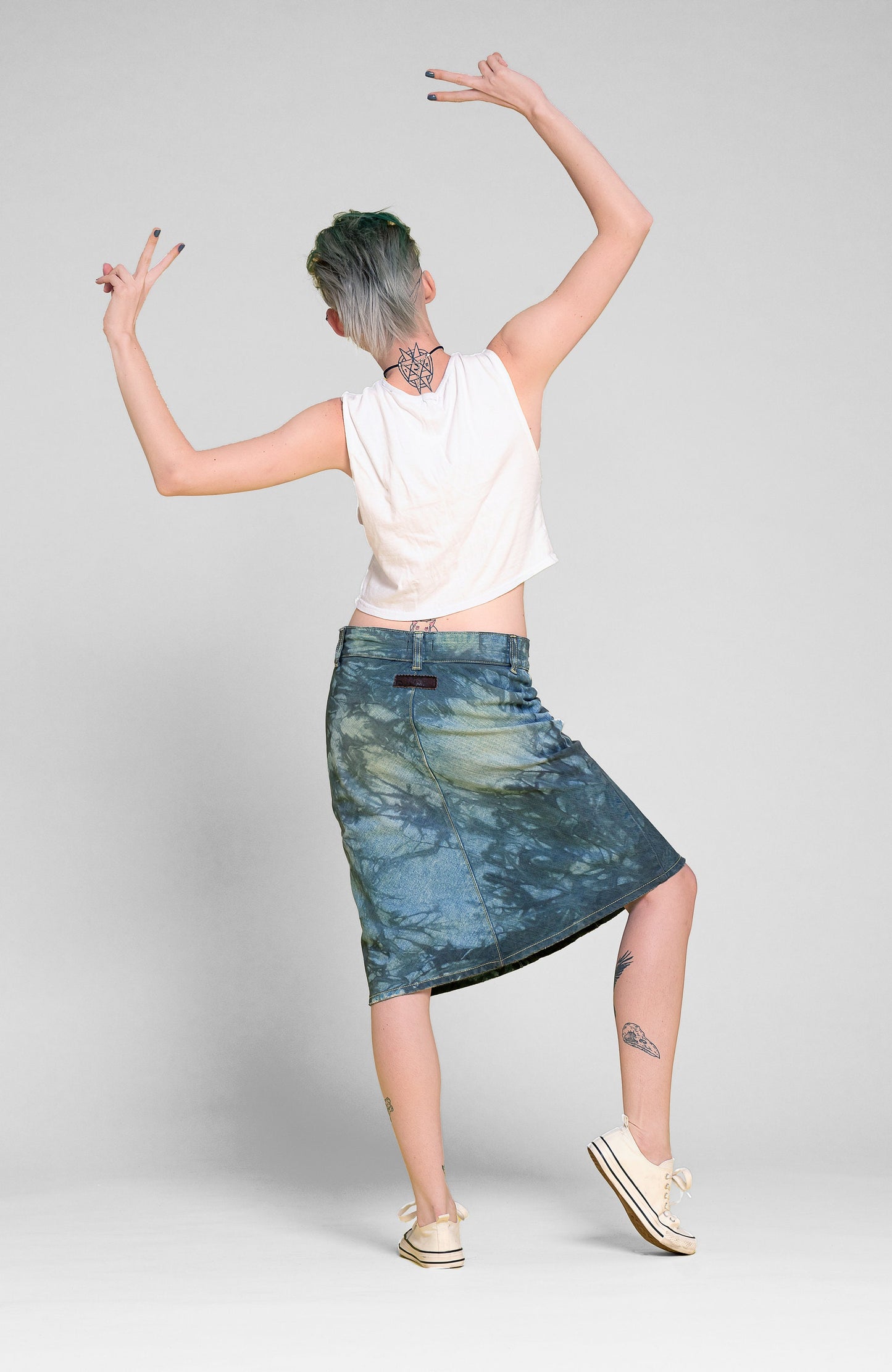 SALE Tie dye skirt midi denim skirt knee length skirt tie dye denim skirt | upcycled denim grunge skirt jean skirt | sustainable clothing