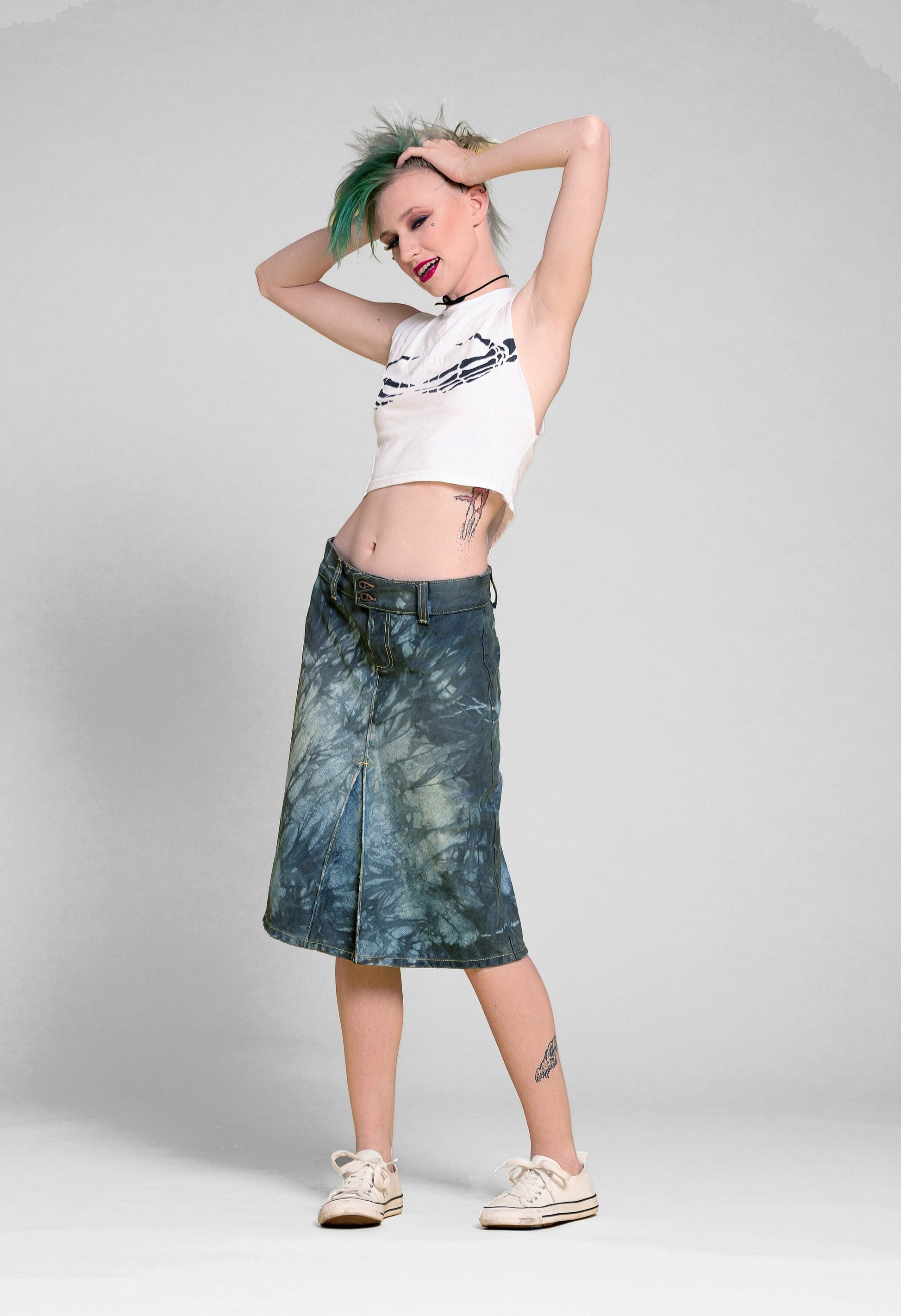 SALE Tie dye skirt midi denim skirt knee length skirt tie dye denim skirt | upcycled denim grunge skirt jean skirt | sustainable clothing